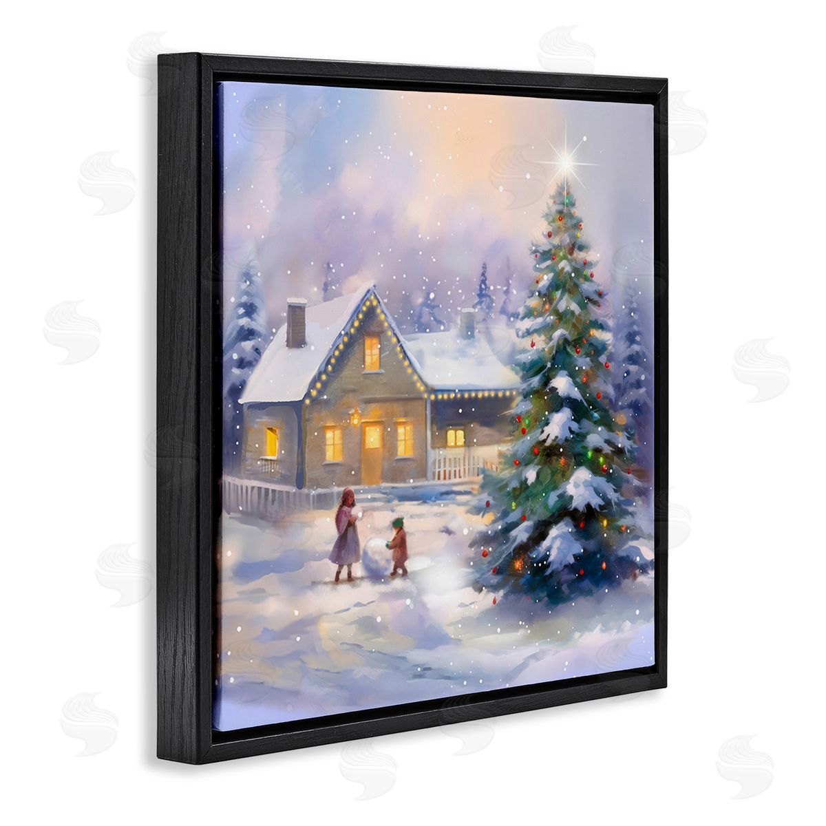 Enrico McGarrigle Children Building Snowman Black Floating Frame Canvas Wall Art Print
