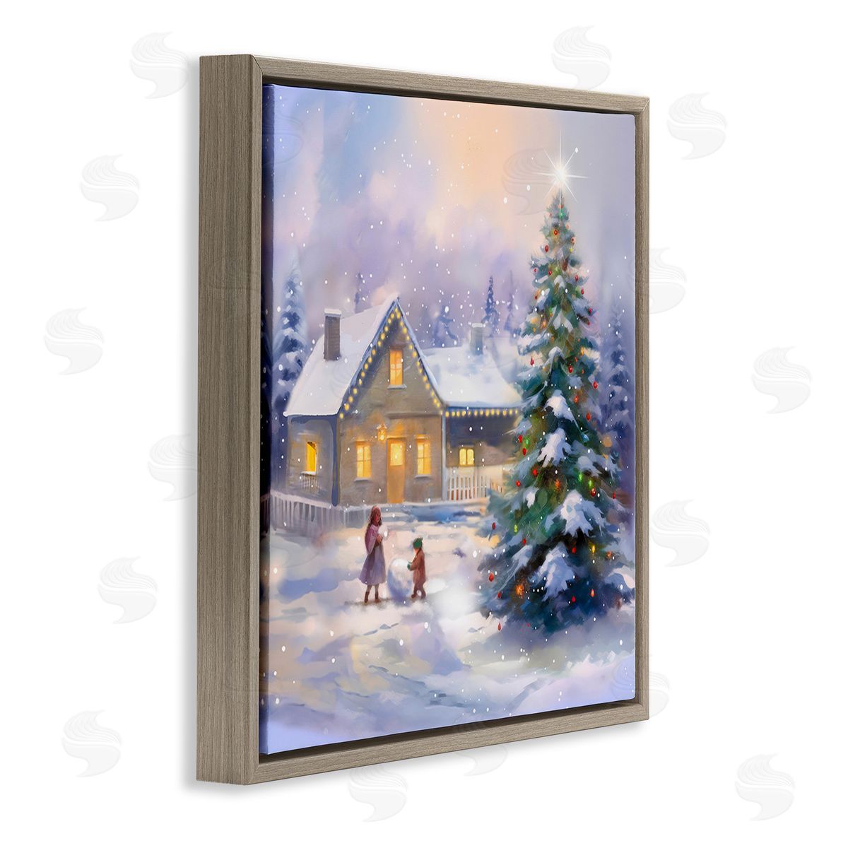 Enrico McGarrigle Children Building Snowman Brown Floating Frame Canvas Wall Art Print