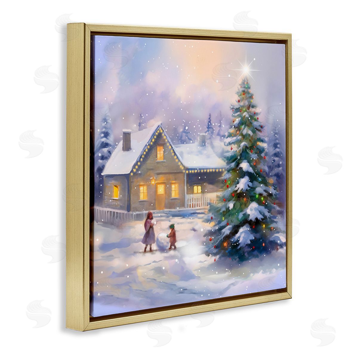 Enrico McGarrigle Children Building Snowman Gold Floating Frame Canvas Wall Art Print