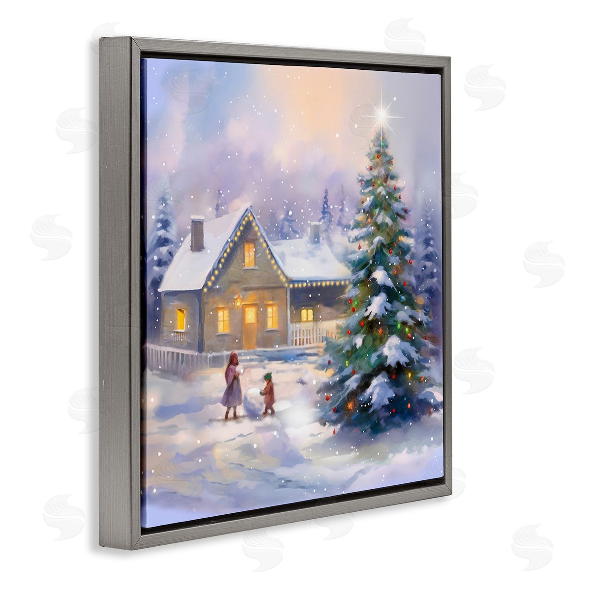 Enrico McGarrigle Children Building Snowman Gray Floating Frame Canvas Wall Art Print