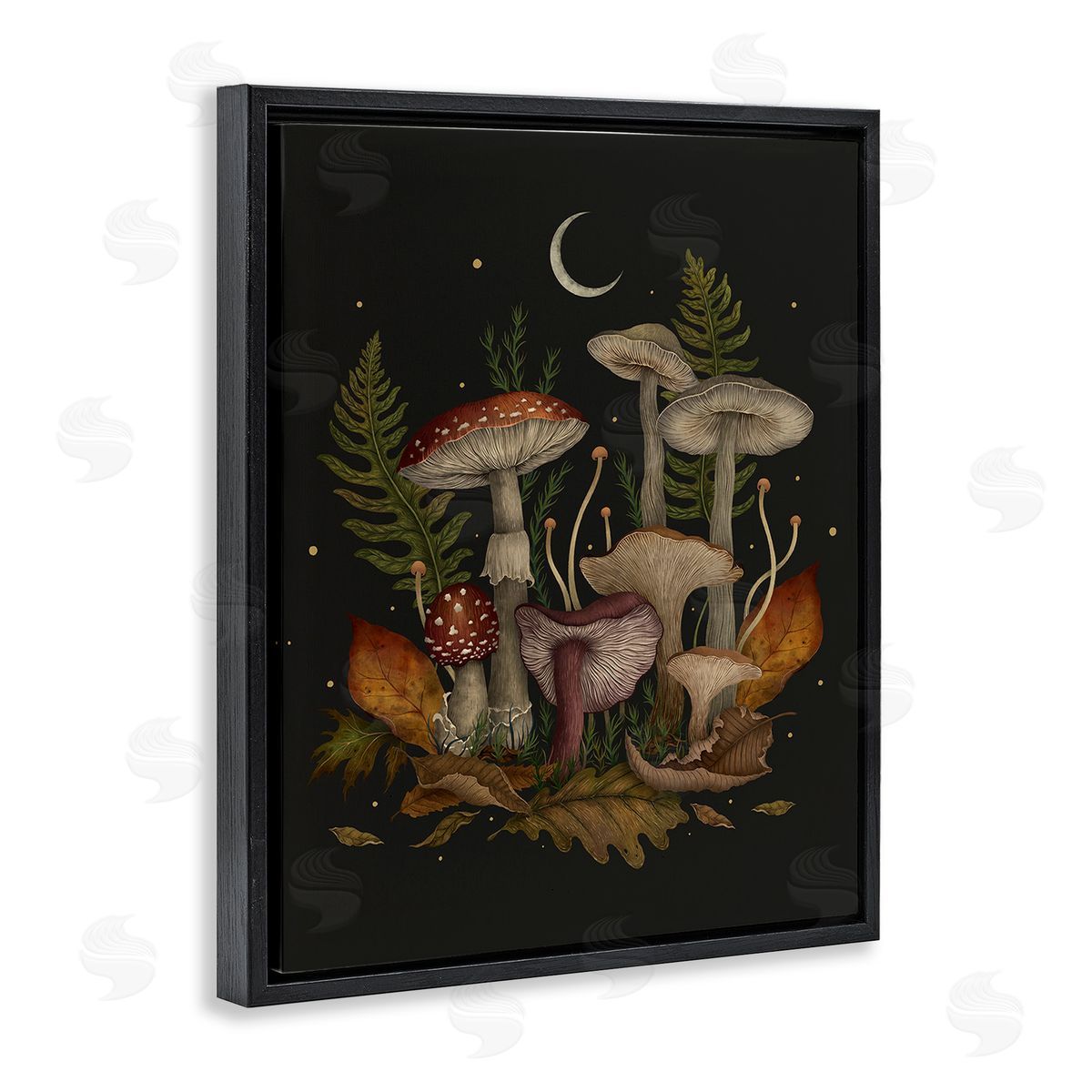 Episodic Drawings Dark Mushrooms with Moon Black Floating Frame Canvas Wall Art Print
