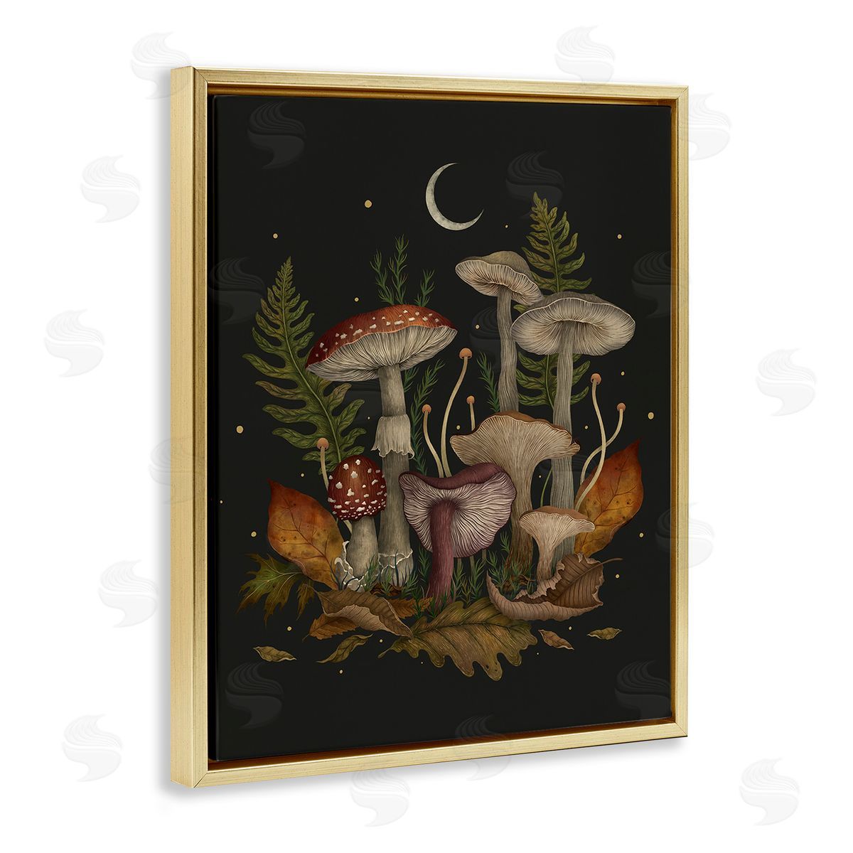 Episodic Drawings Dark Mushrooms with Moon Gold Floating Frame Canvas Wall Art Print