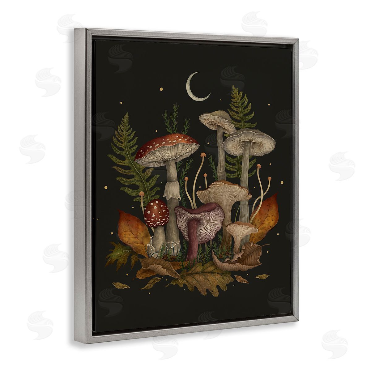 Episodic Drawings Dark Mushrooms with Moon Gray Floating Frame Canvas Wall Art Print