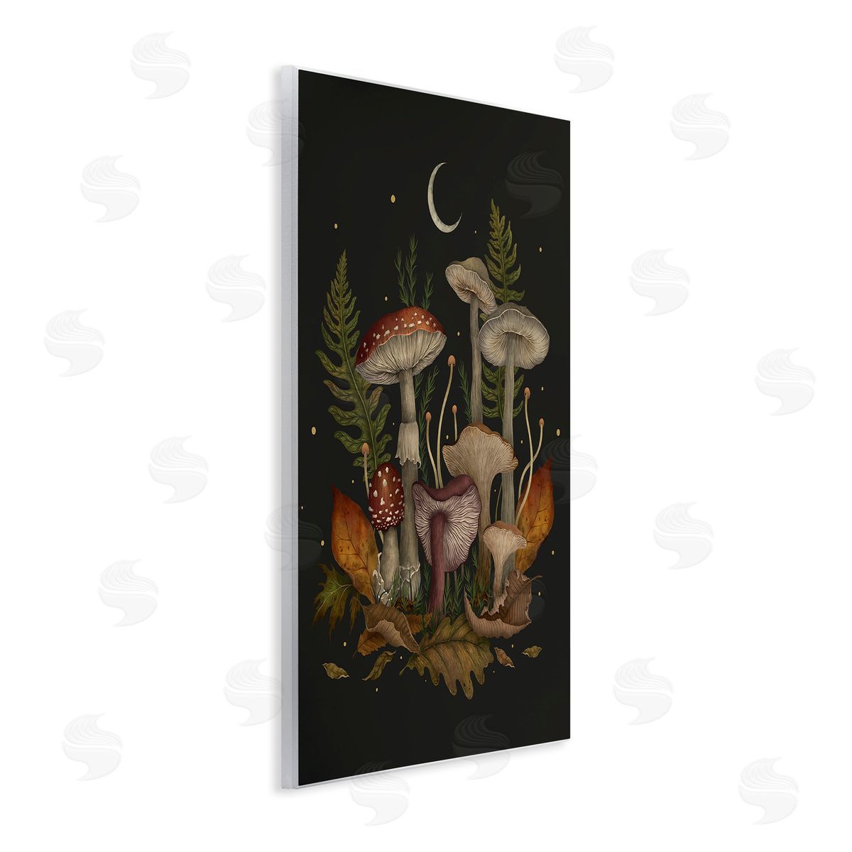 Episodic Drawings Dark Mushrooms with Moon Wooden Wall Plaque Art Print