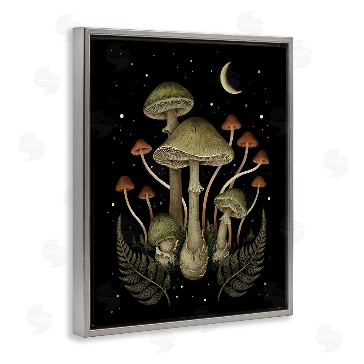 Episodic Drawings Night Mushrooms & Ferns Gray Floating Frame Canvas Wall Art Print