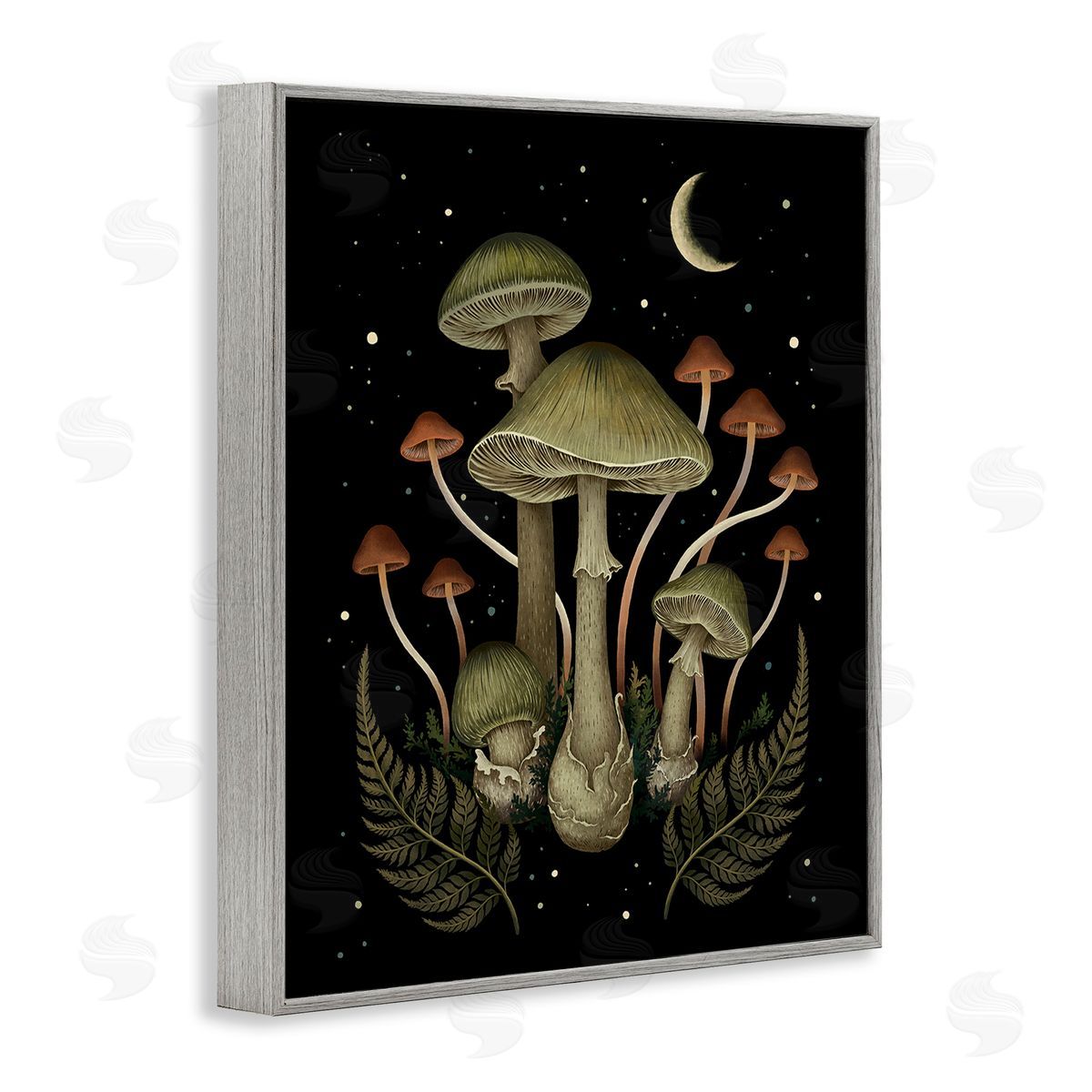 Episodic Drawings Night Mushrooms & Ferns Gray Framed Giclee Wall Art Print