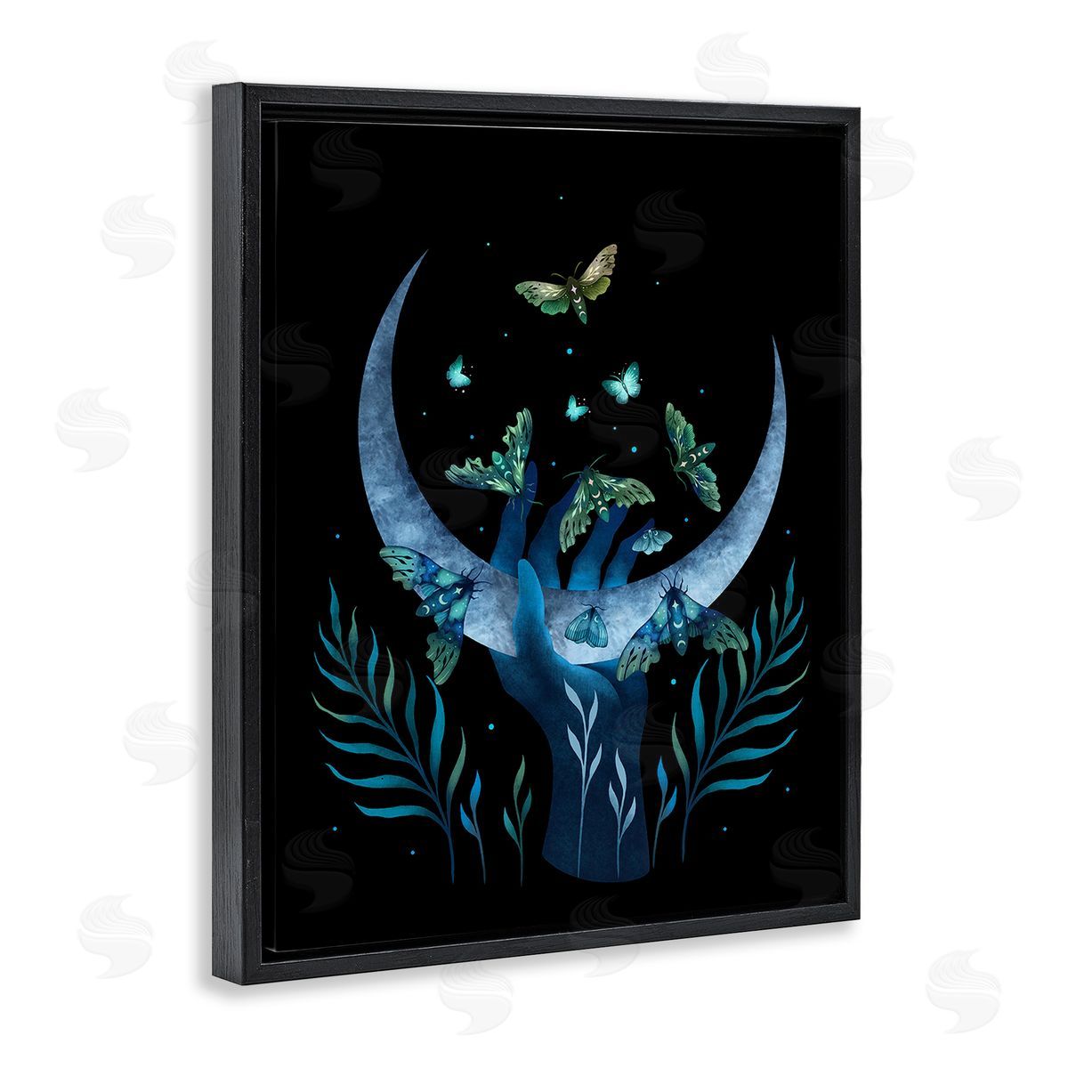 Episodic Drawings Holding Moon with Moths Black Floating Frame Canvas Wall Art Print