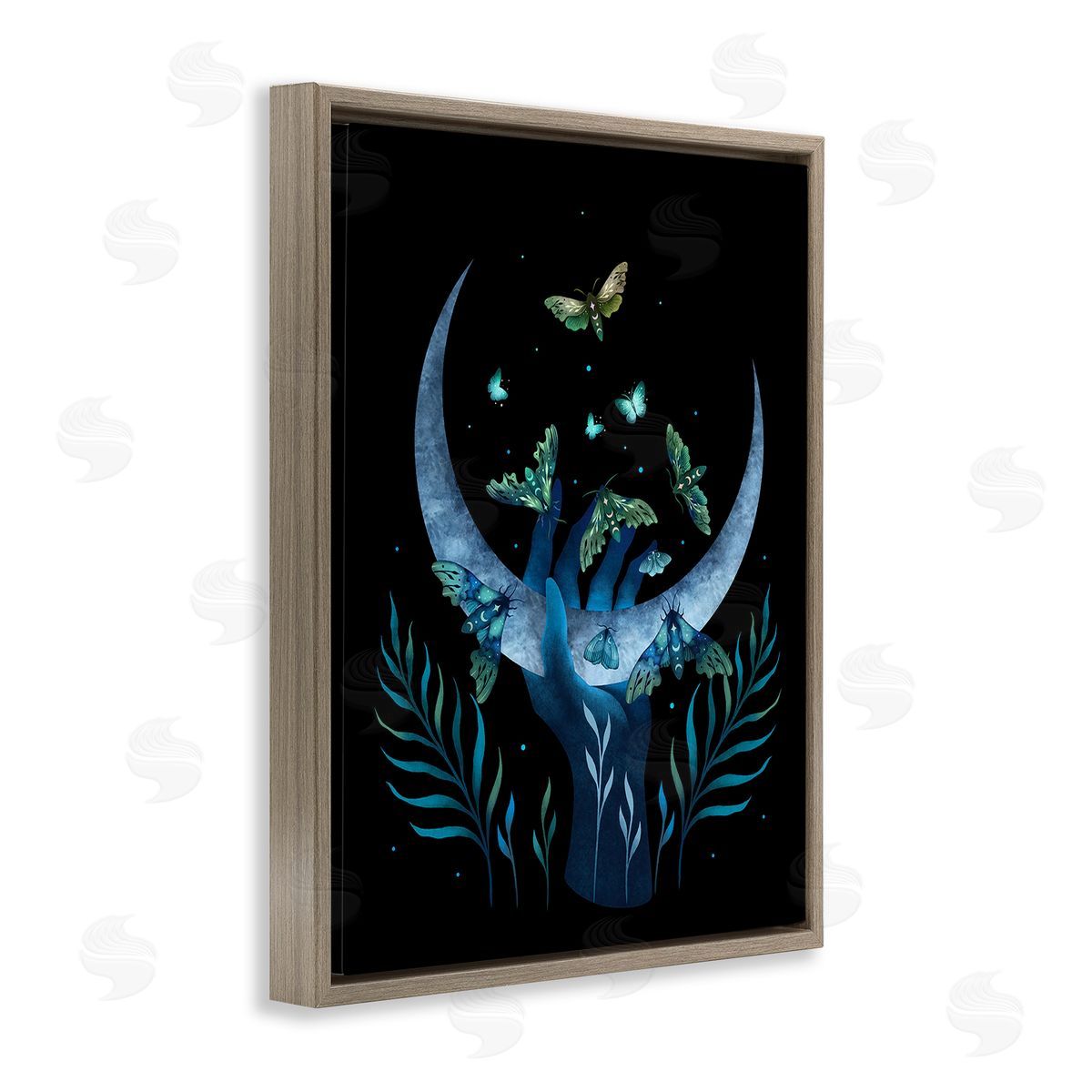 Episodic Drawings Holding Moon with Moths Brown Floating Frame Canvas Wall Art Print