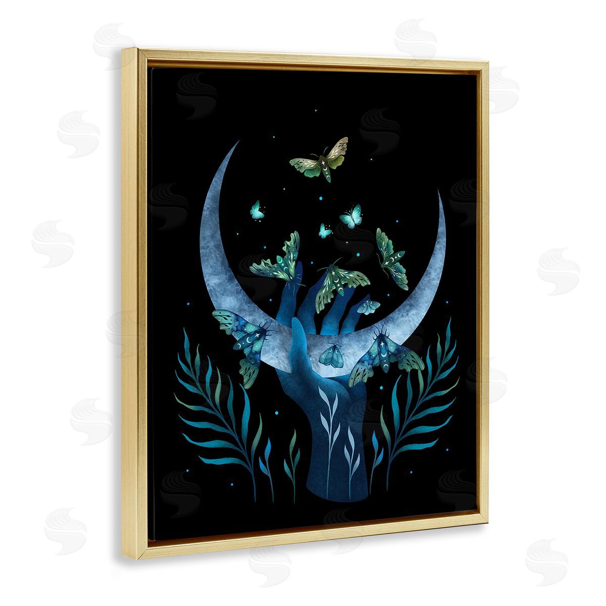 Episodic Drawings Holding Moon with Moths Gold Floating Frame Canvas Wall Art Print