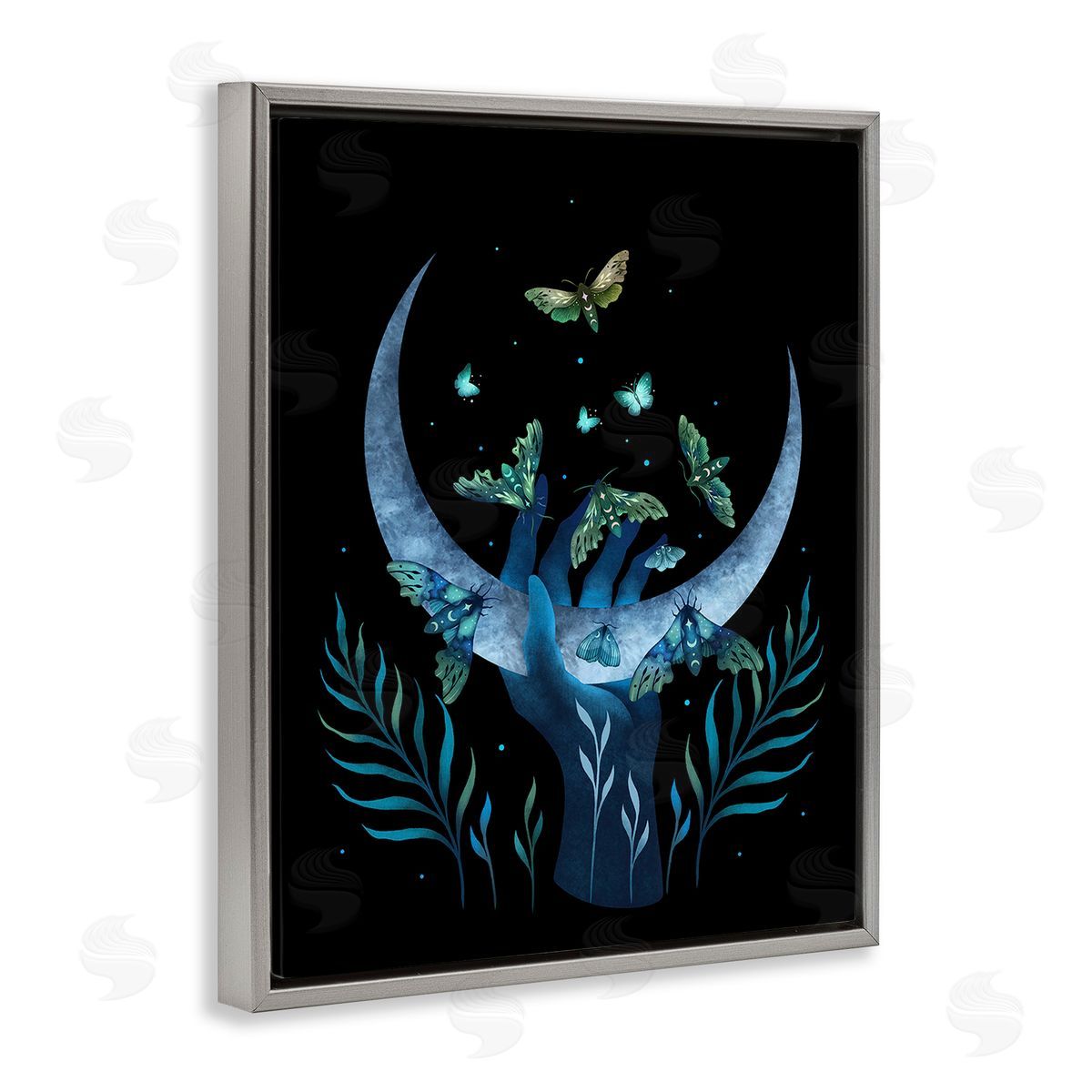 Episodic Drawings Holding Moon with Moths Gray Floating Frame Canvas Wall Art Print