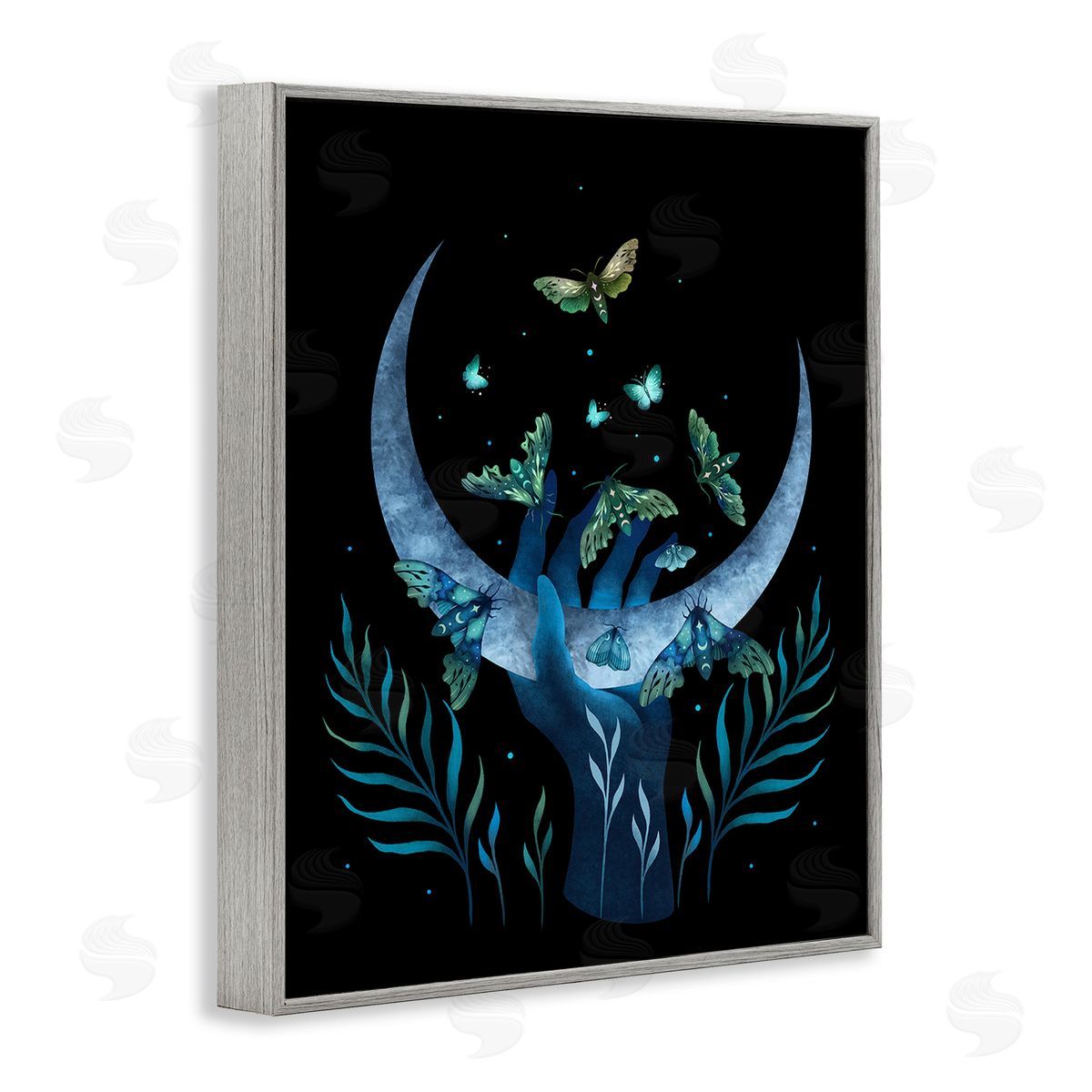 Episodic Drawings Holding Moon with Moths Gray Framed Giclee Wall Art Print