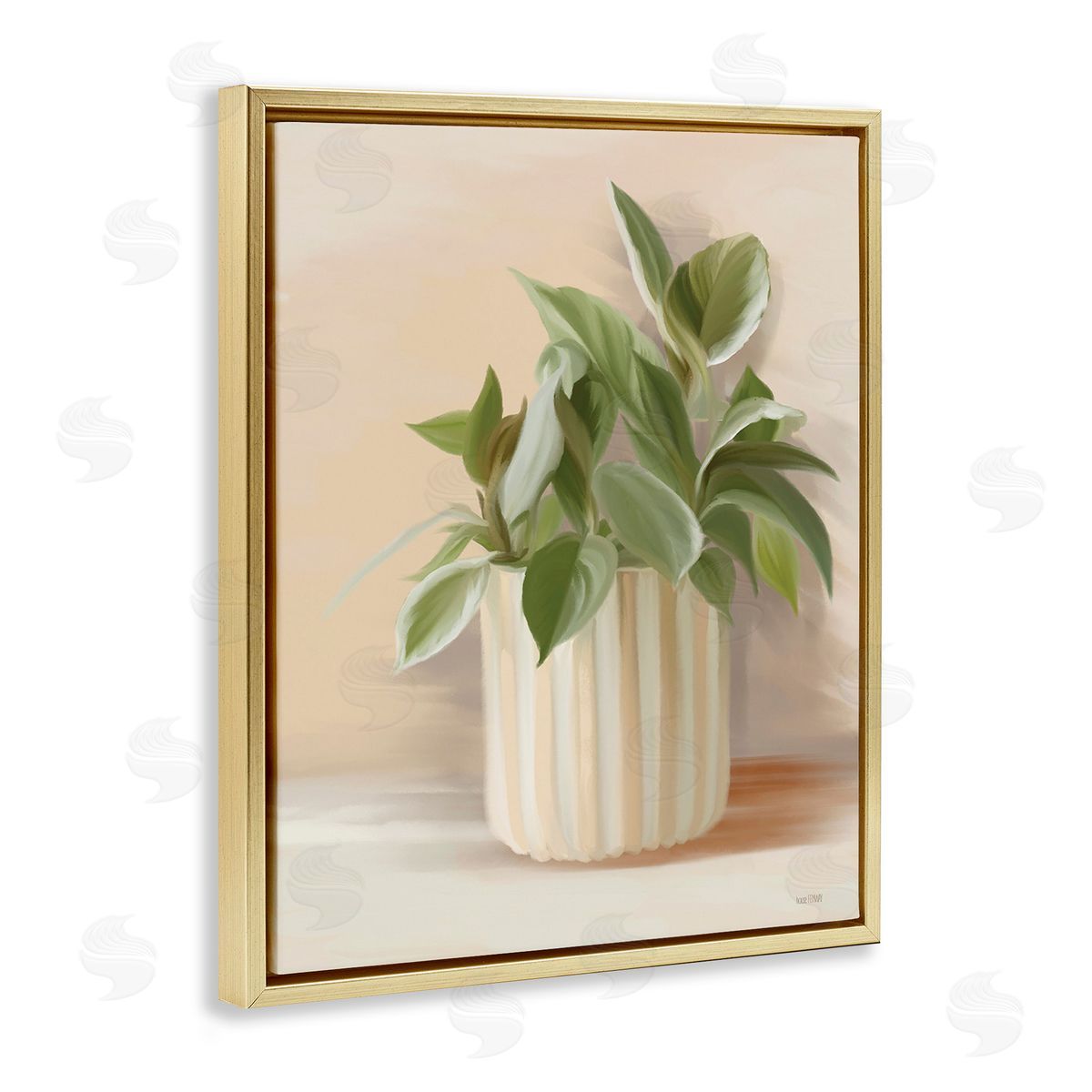 House Fenway Plant in Striped Pottery Gold Floating Frame Canvas Wall Art Print