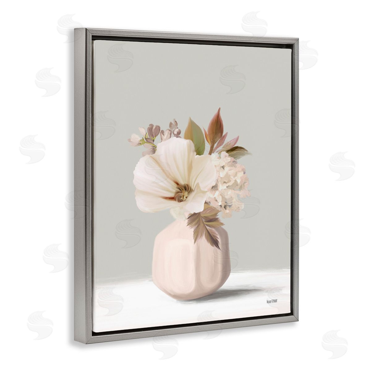House Fenway Delicate Blooms in Vase Gray Floating Frame Canvas Wall Art Print