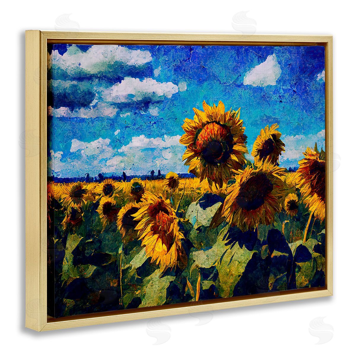 Gina Kelly Sunflower Field & Clouds Gold Floating Frame Canvas Wall Art Print