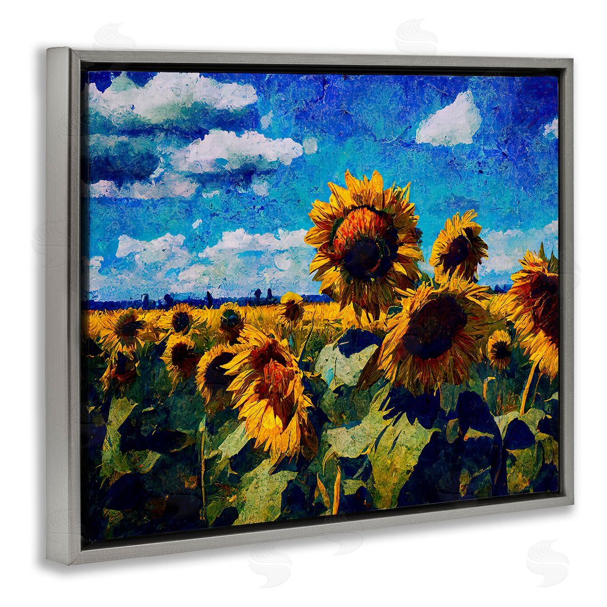 Gina Kelly Sunflower Field & Clouds Gray Floating Frame Canvas Wall Art Print