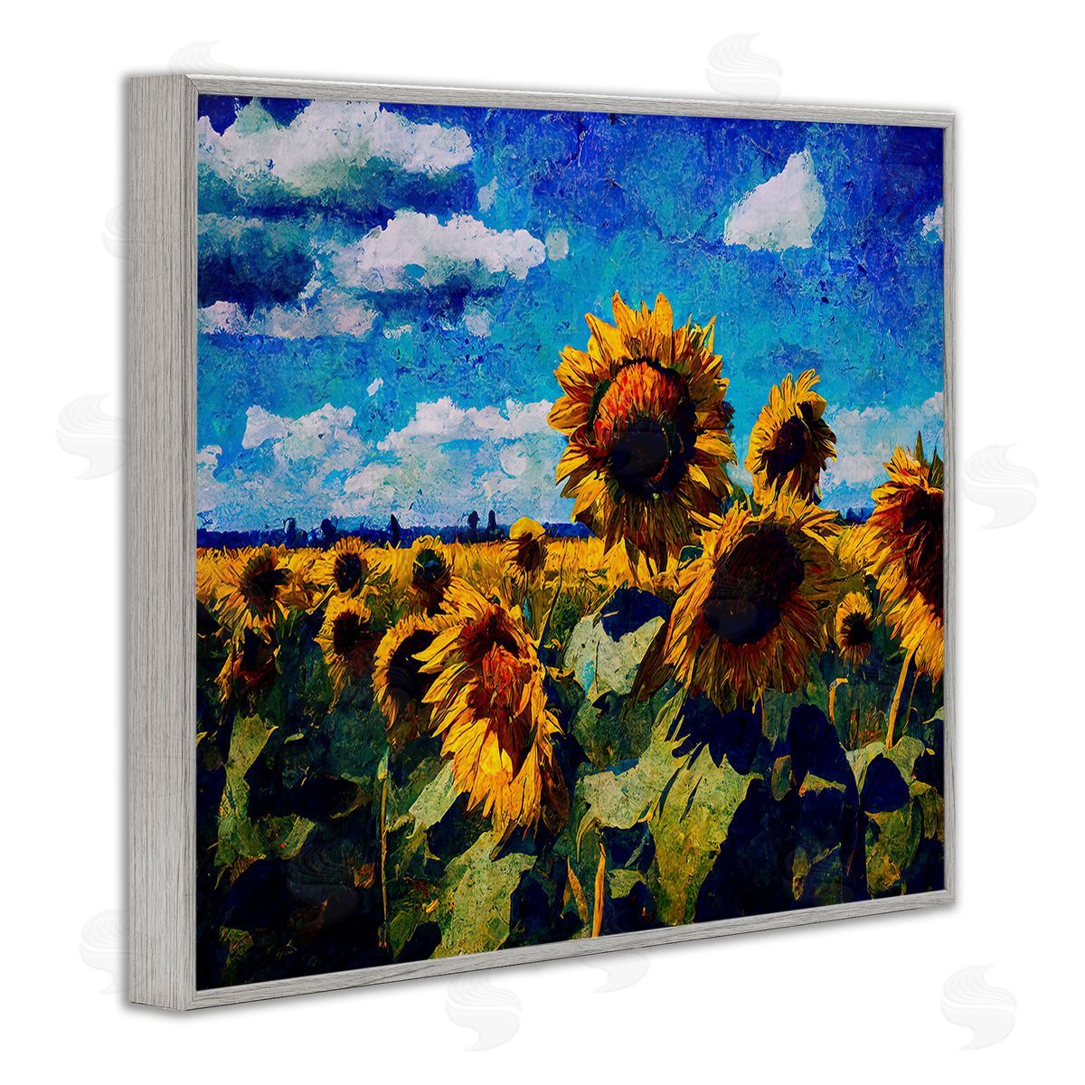 Gina Kelly Sunflower Field & Clouds Gray Framed Giclee Wall Art Print