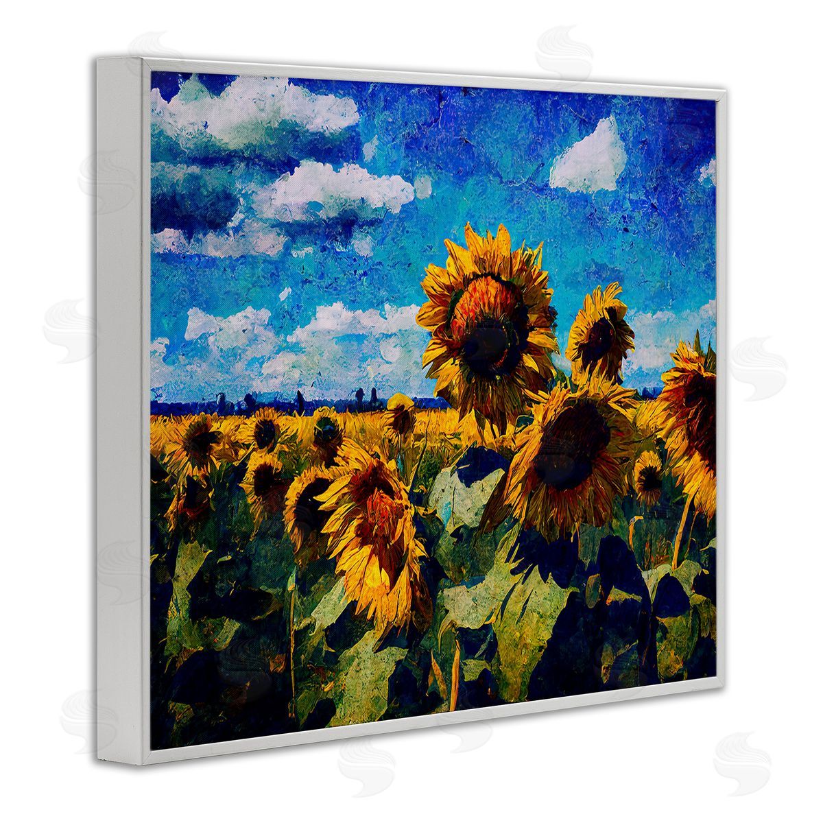 Gina Kelly Sunflower Field & Clouds White Framed Giclee Wall Art Print