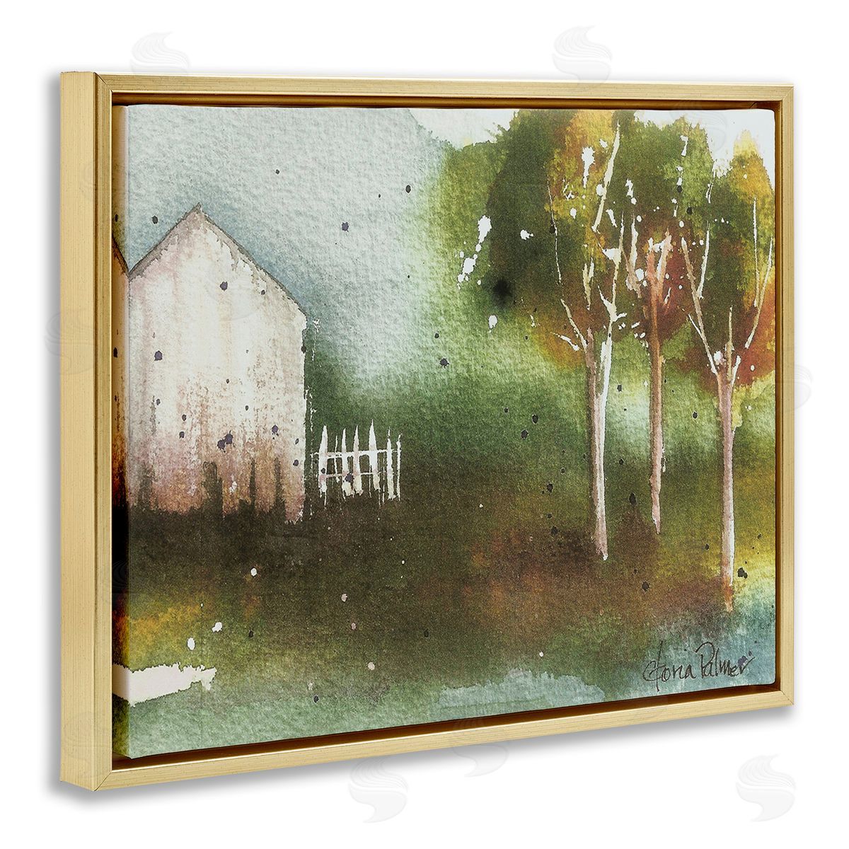 Gloria Palmer Farm Nature Watercolor Gold Floating Frame Canvas Wall Art Print