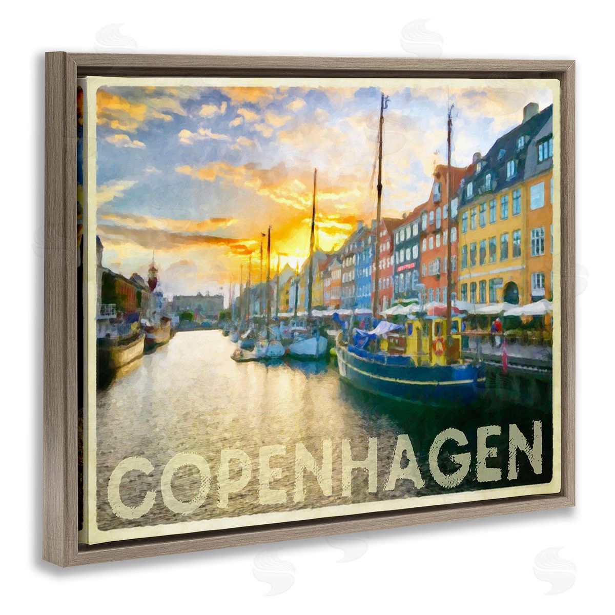 Graffitee Studios Copenhagen Canal Boats Brown Floating Frame Canvas Wall Art Print