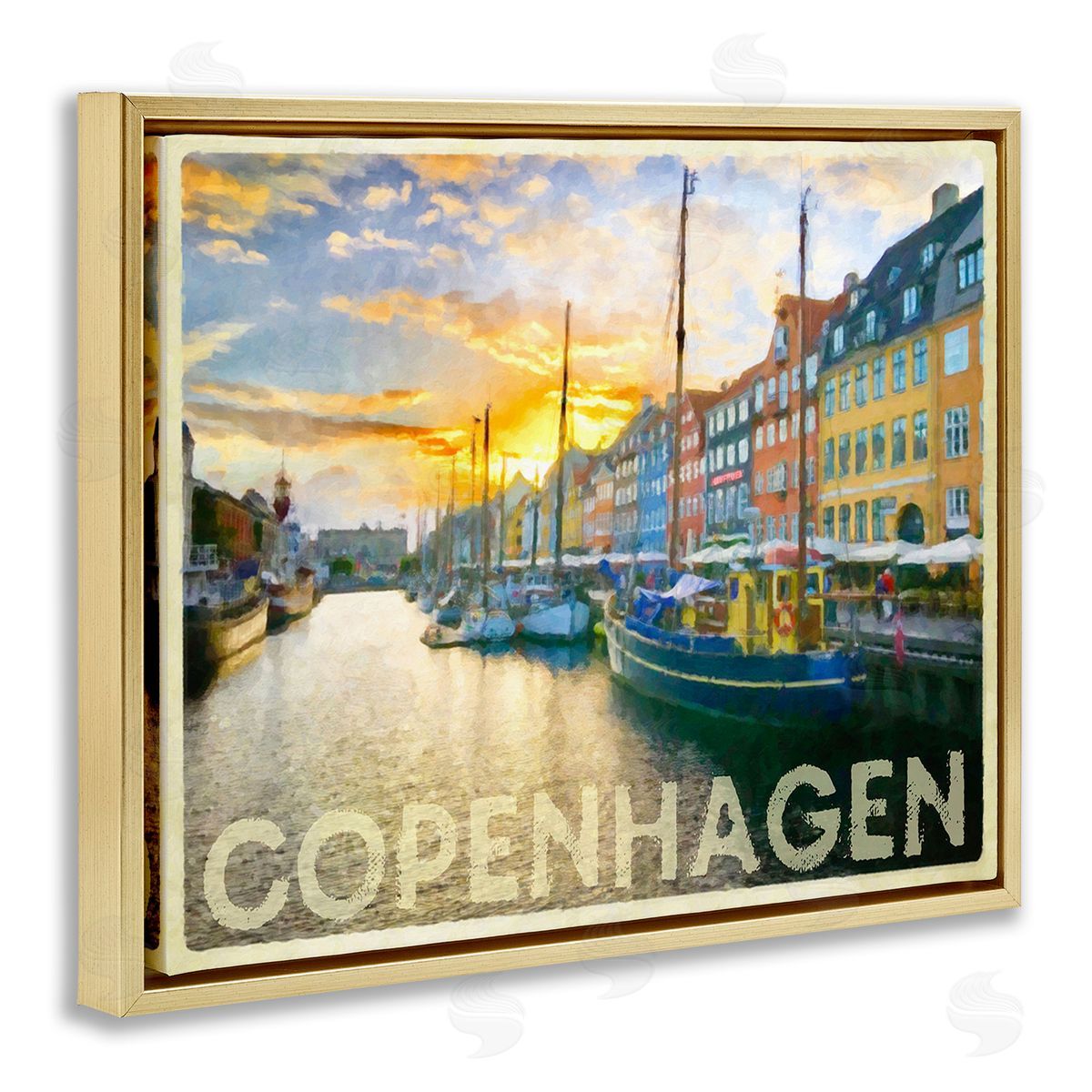 Graffitee Studios Copenhagen Canal Boats Gold Floating Frame Canvas Wall Art Print