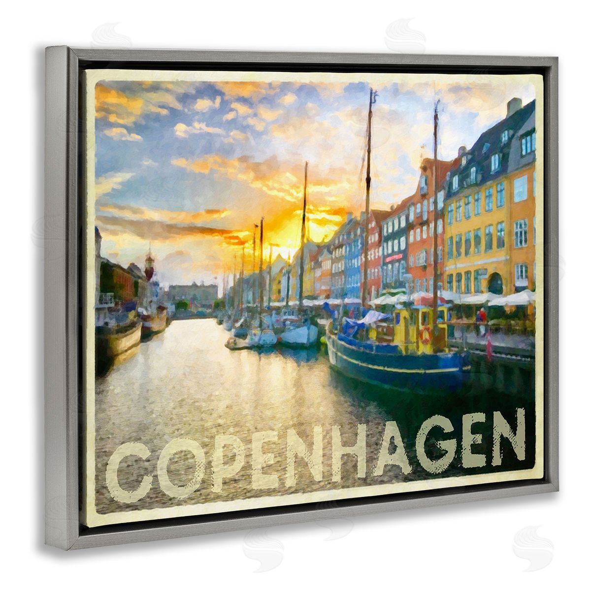 Graffitee Studios Copenhagen Canal Boats Gray Floating Frame Canvas Wall Art Print