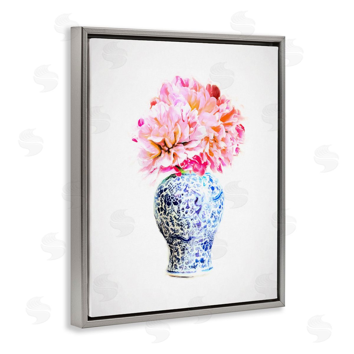 Graffitee Studios Dahlia with Oriental Vase Gray Floating Frame Canvas Wall Art Print