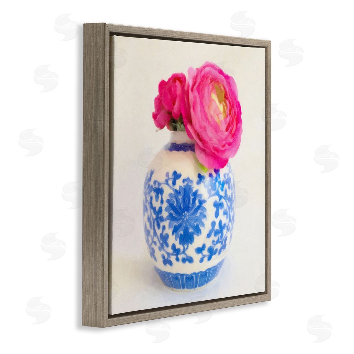 Graffitee Studios Pink Bloom & Ornate Vase Brown Floating Frame Canvas Wall Art Print