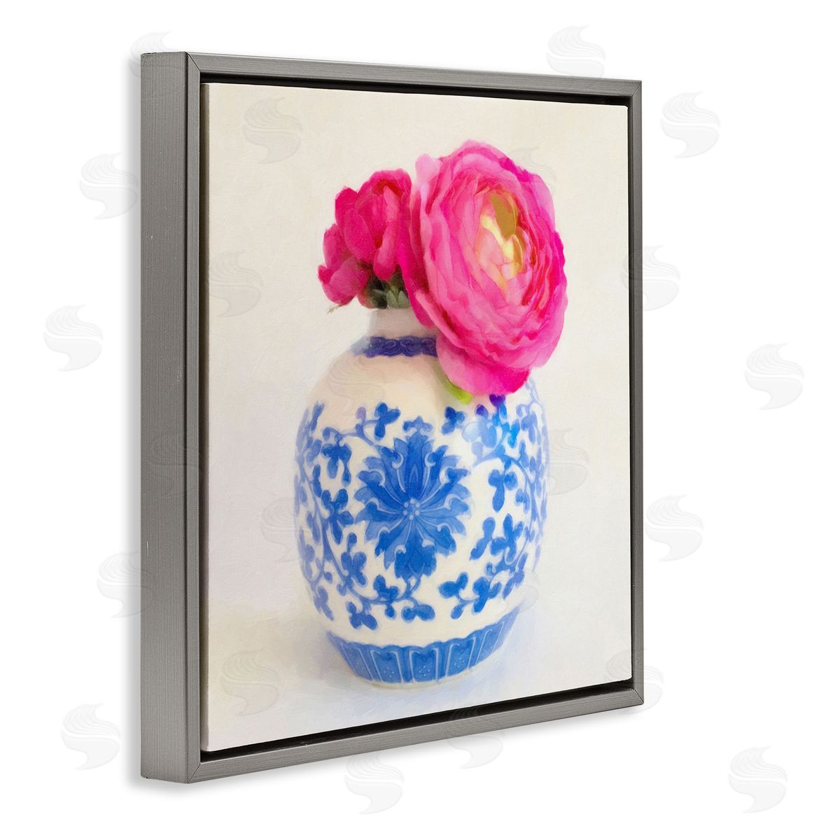 Graffitee Studios Pink Bloom & Ornate Vase Gray Floating Frame Canvas Wall Art Print