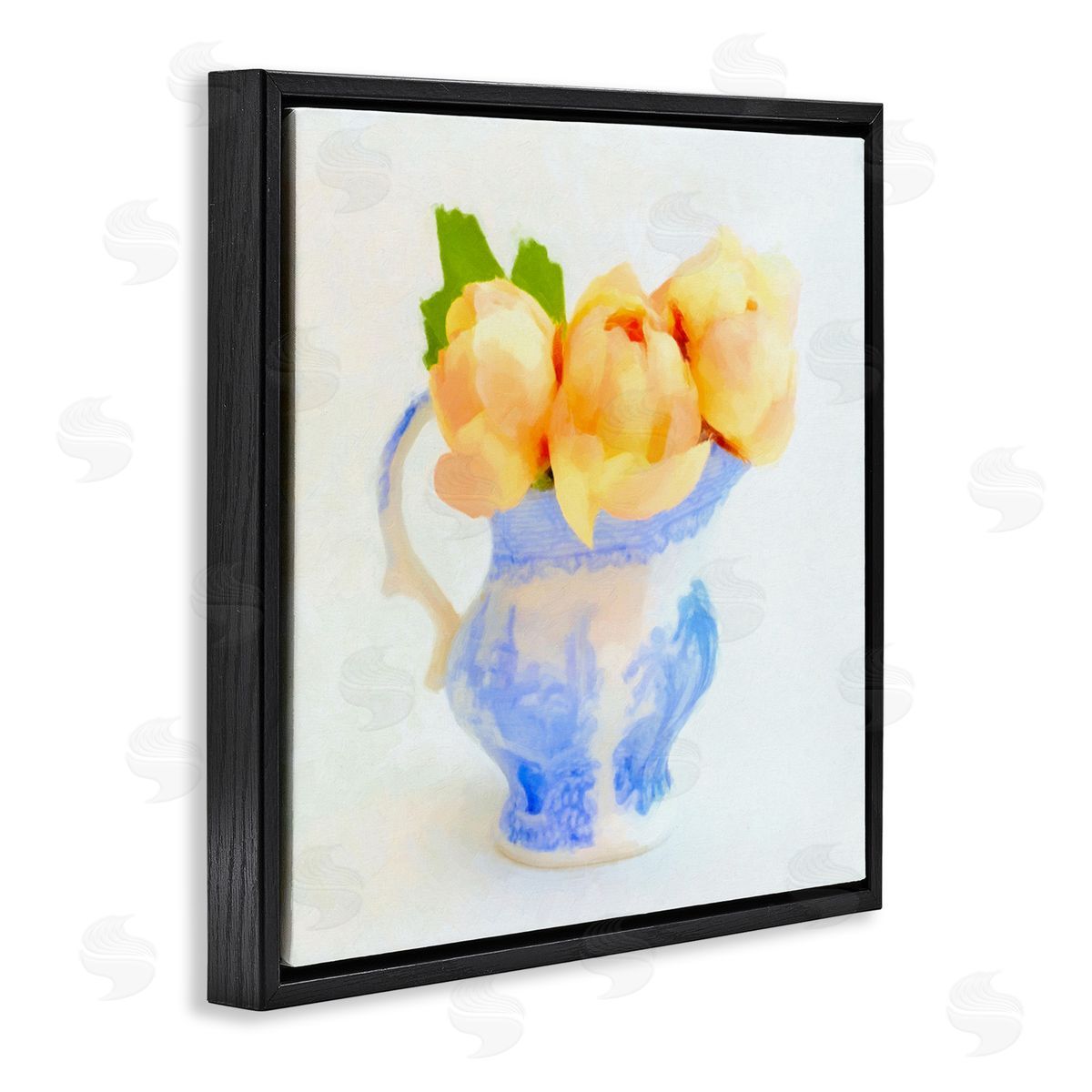 Graffitee Studios Yellow Blooms in Pitcher Black Floating Frame Canvas Wall Art Print