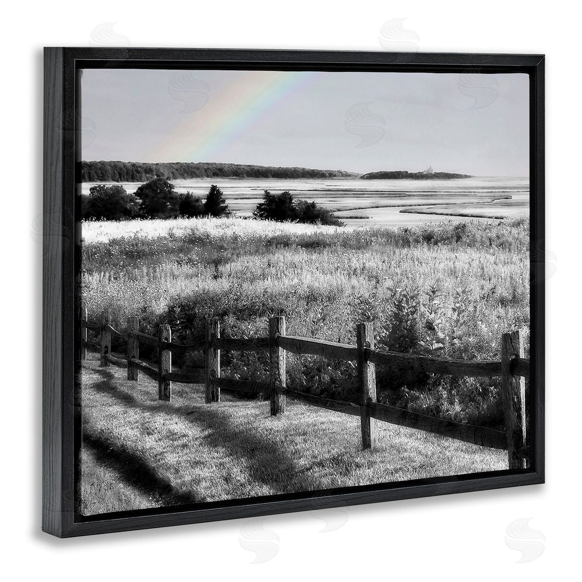 Graffitee Studios Rainbow Over Countryside Black Floating Frame Canvas Wall Art Print