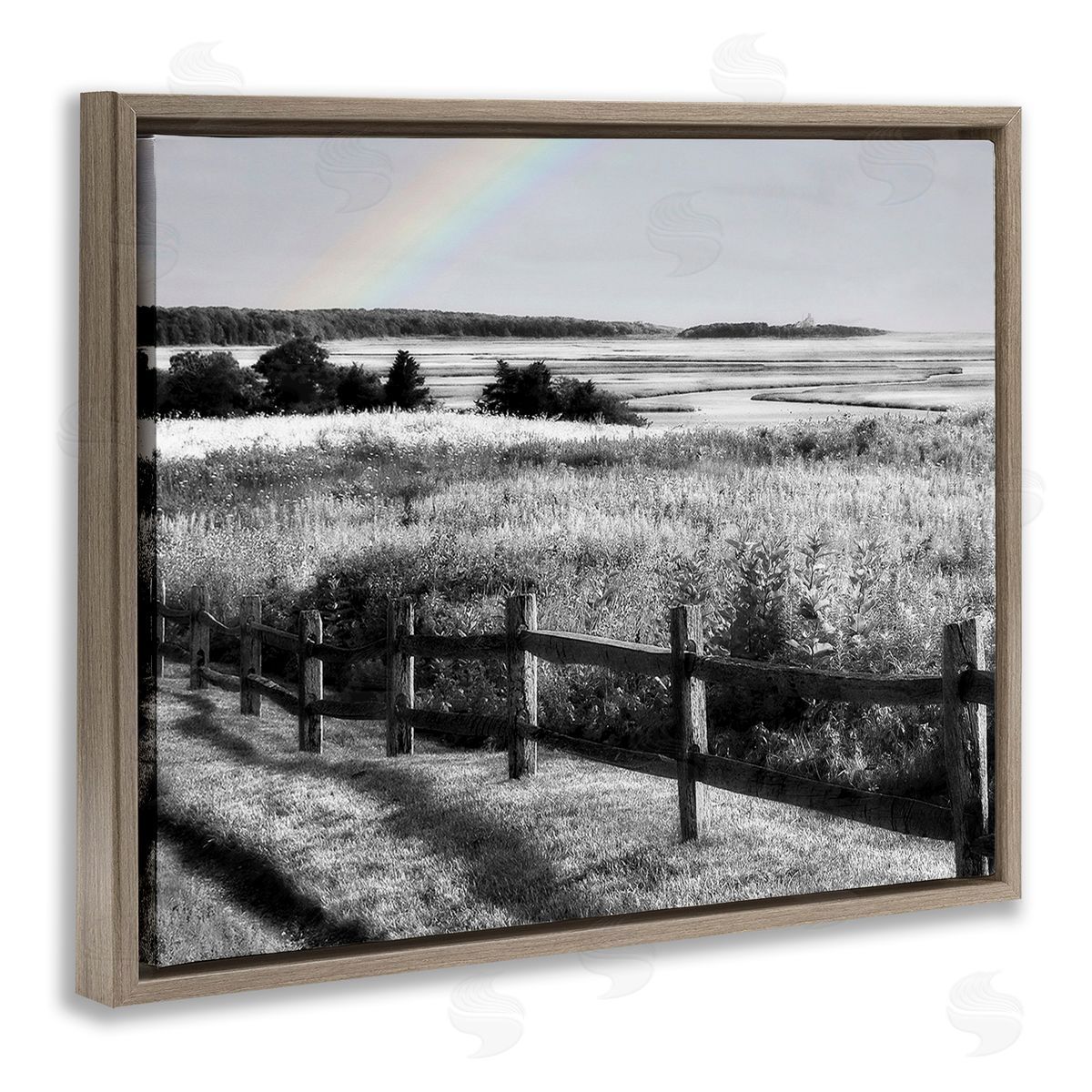 Graffitee Studios Rainbow Over Countryside Brown Floating Frame Canvas Wall Art Print