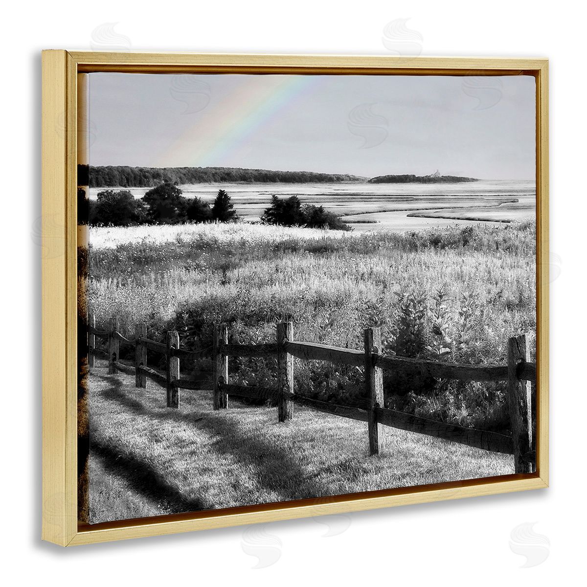 Graffitee Studios Rainbow Over Countryside Gold Floating Frame Canvas Wall Art Print
