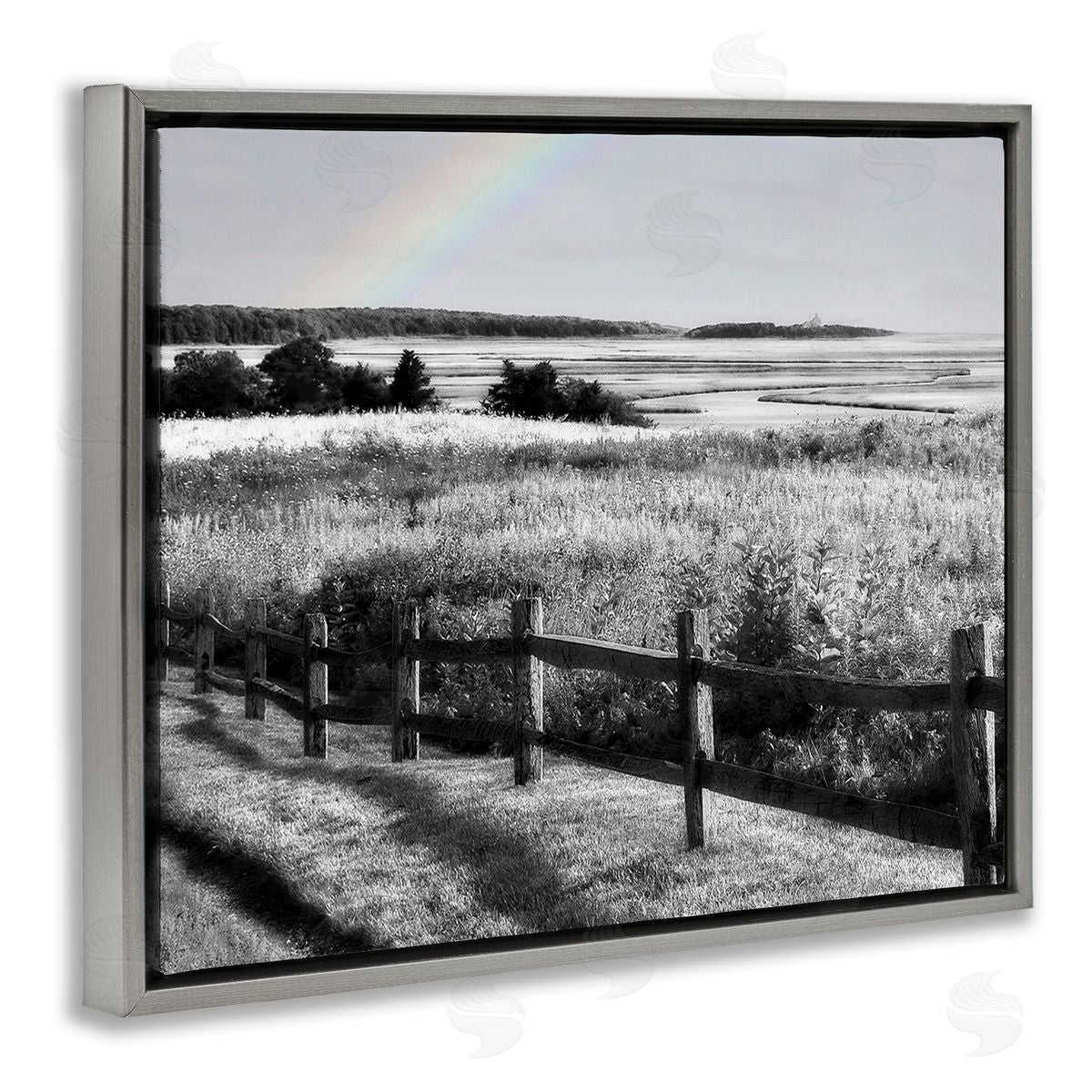 Graffitee Studios Rainbow Over Countryside Gray Floating Frame Canvas Wall Art Print