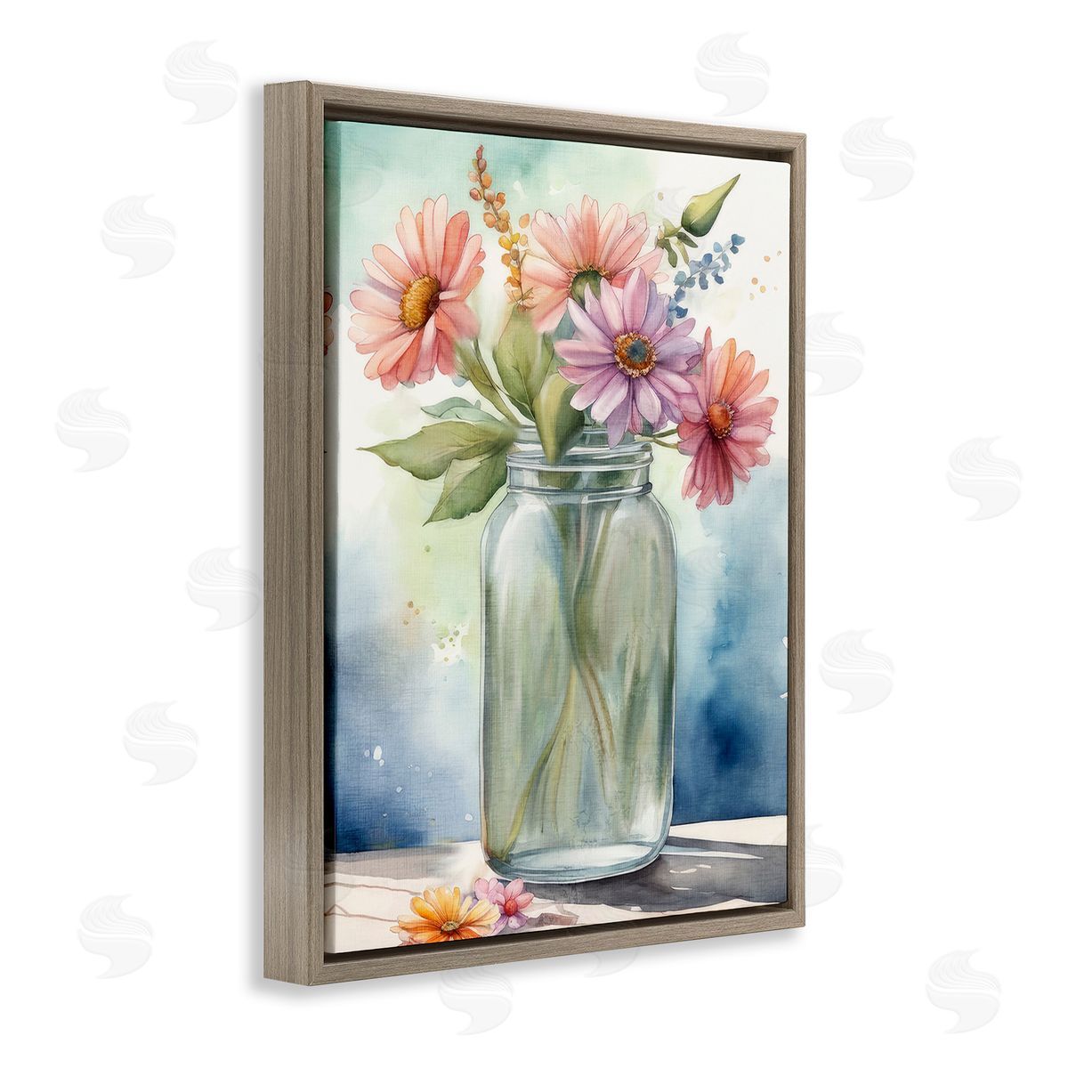 Kim Allen Gerbera Daisies in Jar Brown Floating Frame Canvas Wall Art Print
