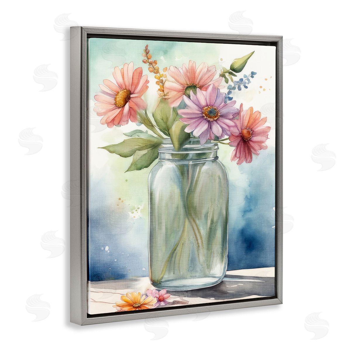 Kim Allen Gerbera Daisies in Jar Gray Floating Frame Canvas Wall Art Print