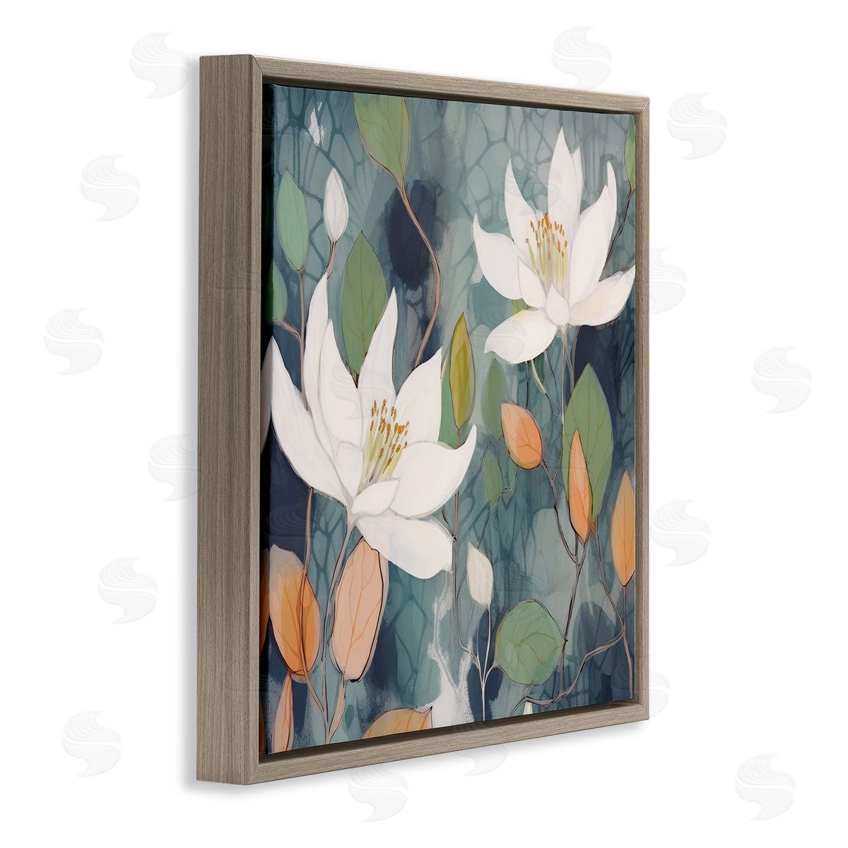Lazar Studio Lilies on Geometric Pattern Brown Floating Frame Canvas Wall Art Print