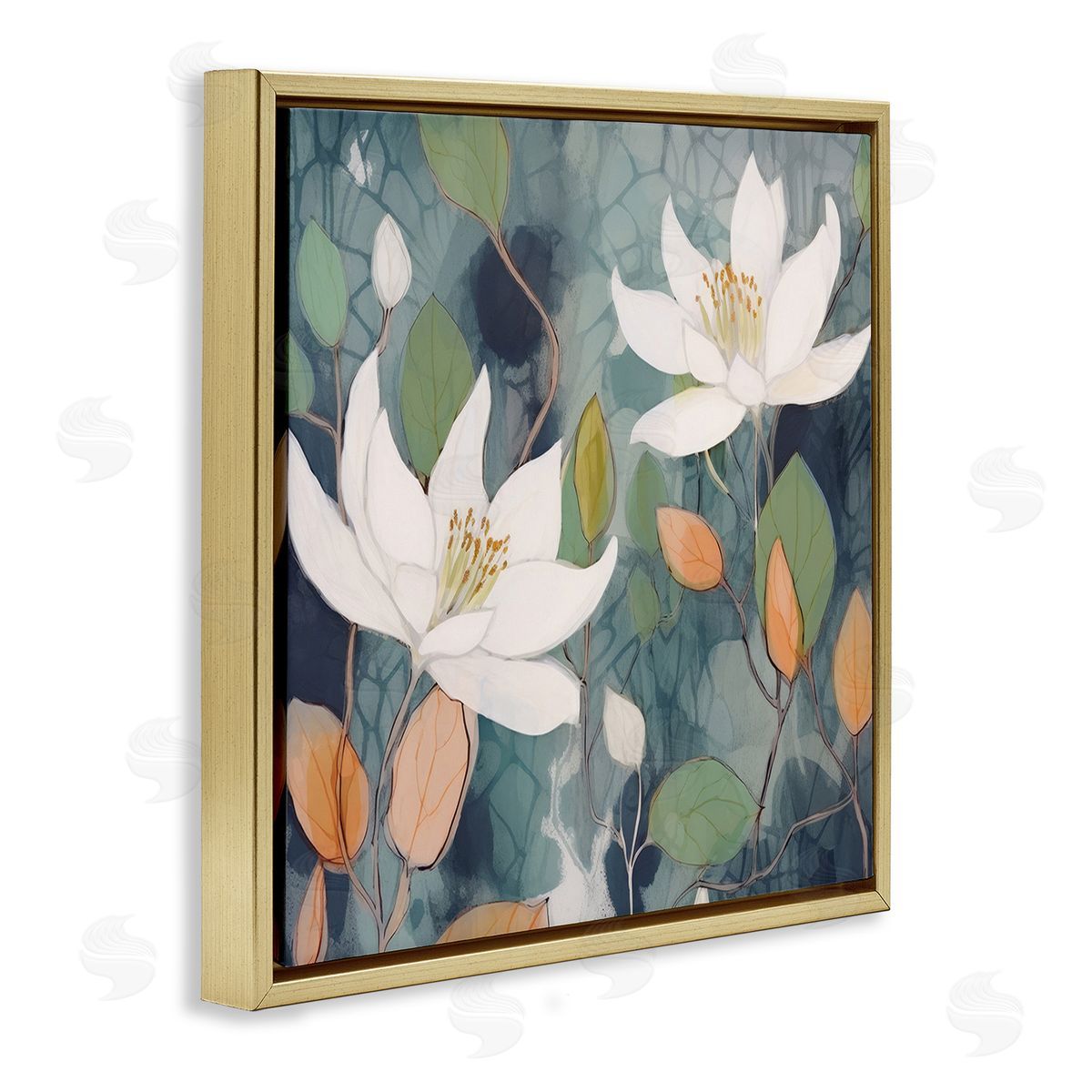 Lazar Studio Lilies on Geometric Pattern Gold Floating Frame Canvas Wall Art Print