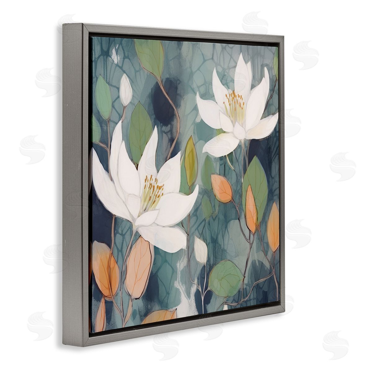 Lazar Studio Lilies on Geometric Pattern Gray Floating Frame Canvas Wall Art Print