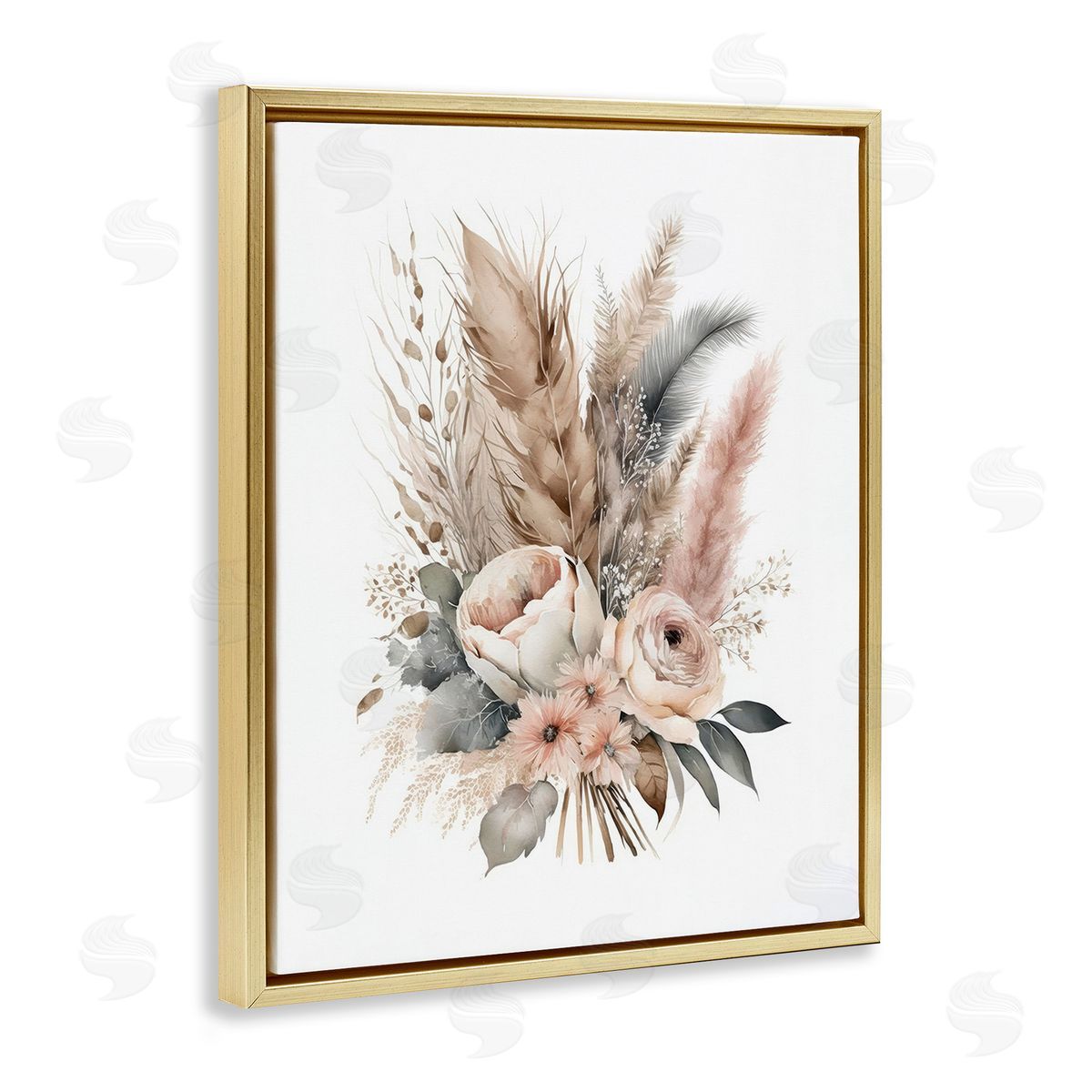 LSR Design Studio Boho Feather Bouquet Gold Floating Frame Canvas Wall Art Print