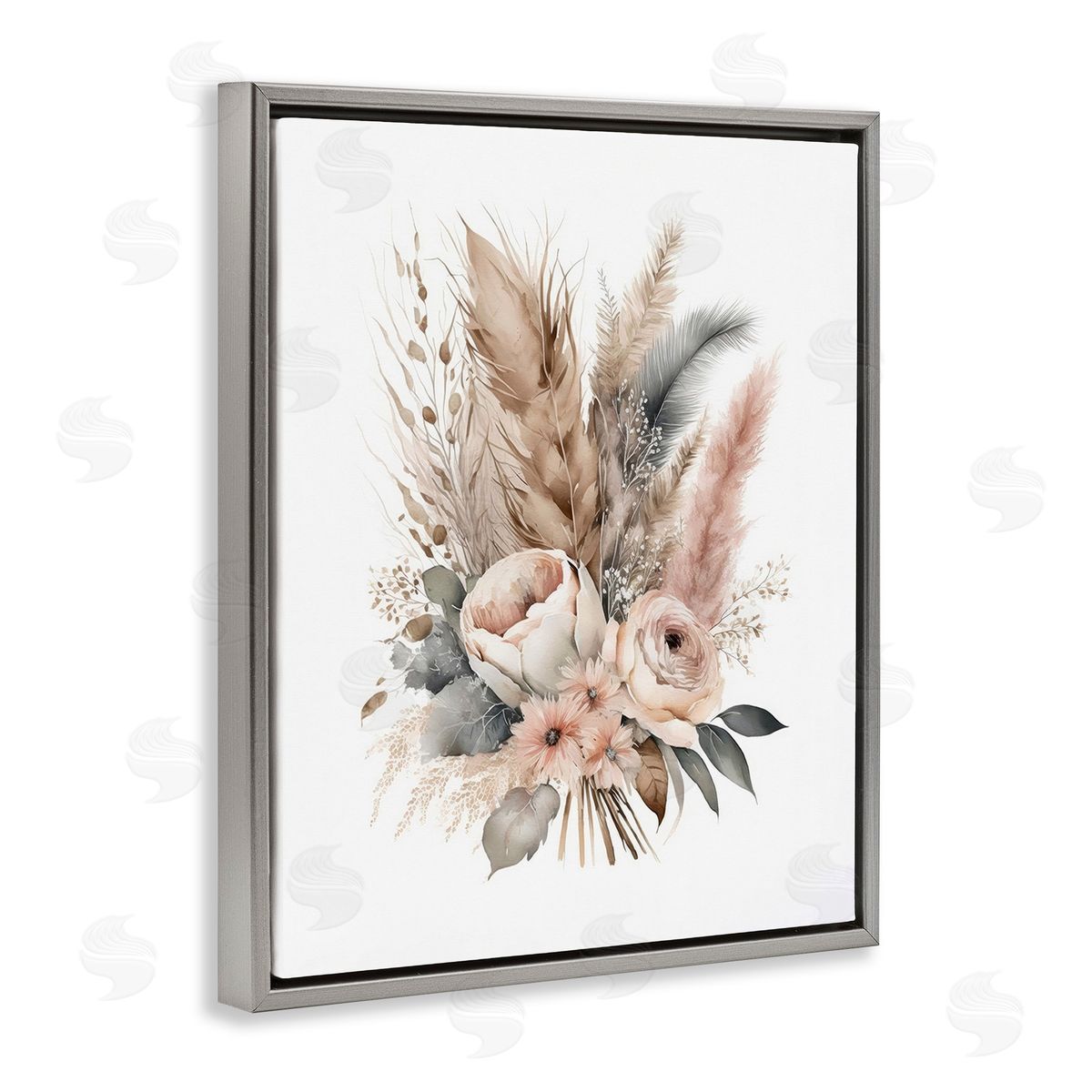 LSR Design Studio Boho Feather Bouquet Gray Floating Frame Canvas Wall Art Print