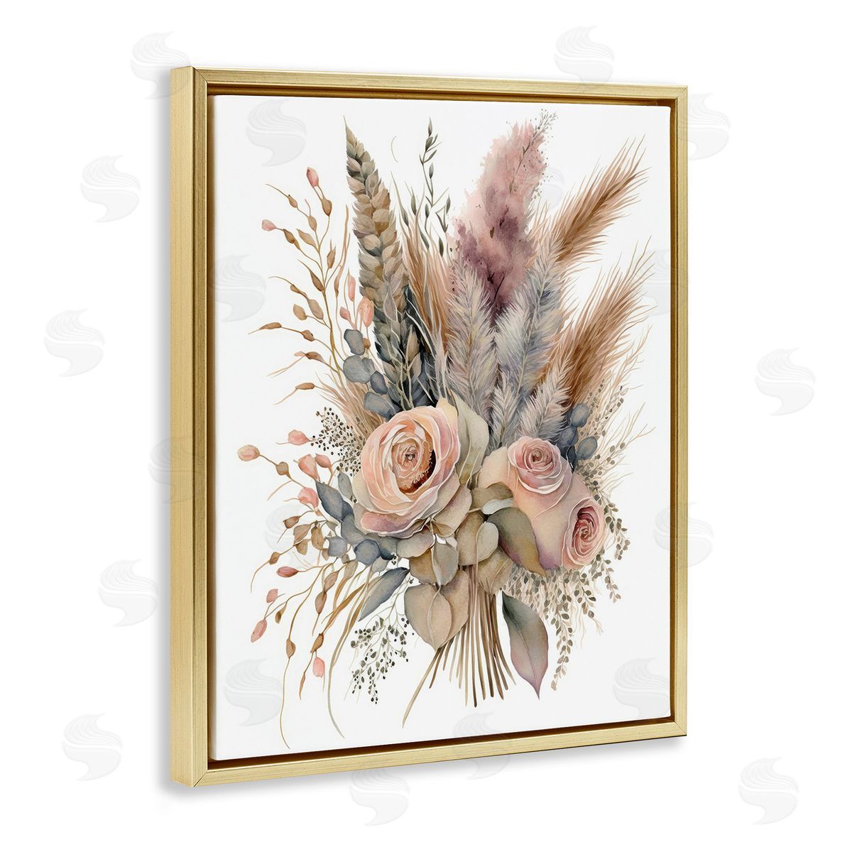 LSR Design Studio Boho Rose Pampas Gold Floating Frame Canvas Wall Art Print