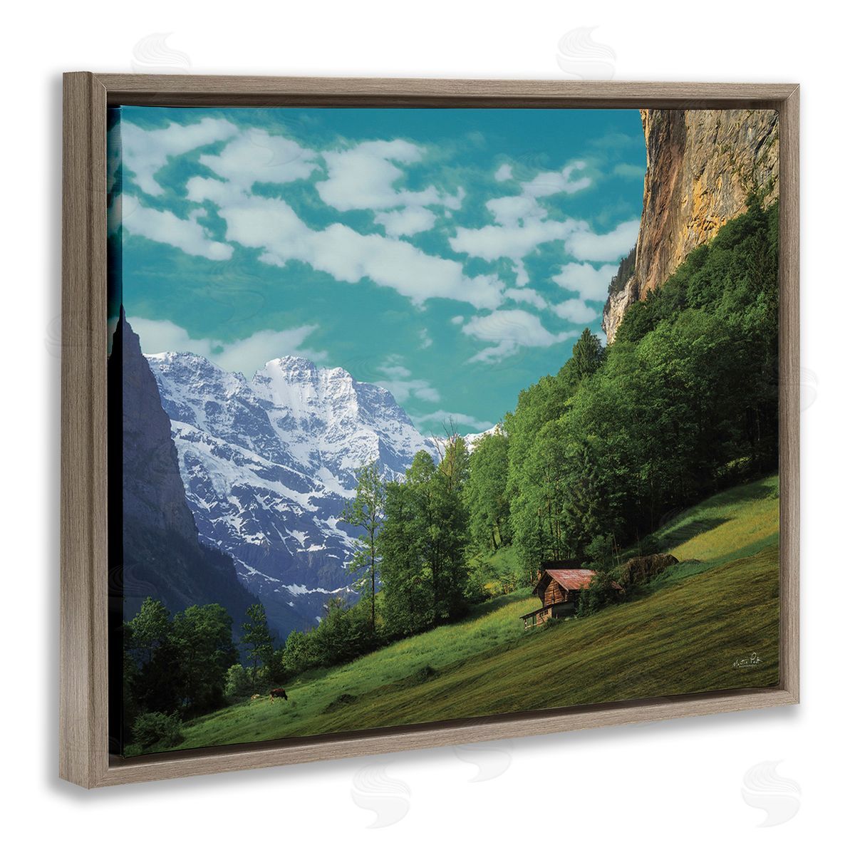 Martin Podt Mountain Valley Cottage Brown Floating Frame Canvas Wall Art Print