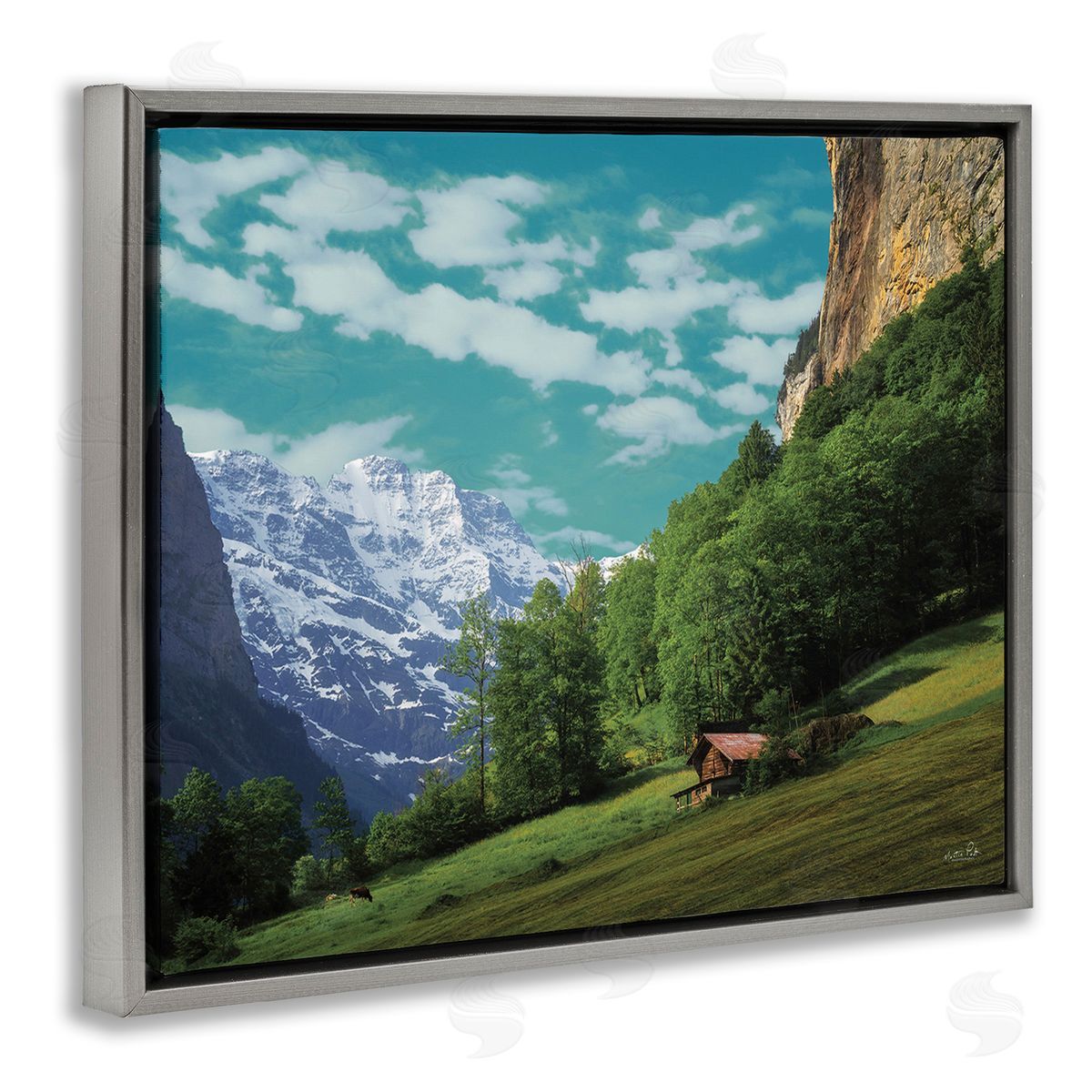 Martin Podt Mountain Valley Cottage Gray Floating Frame Canvas Wall Art Print