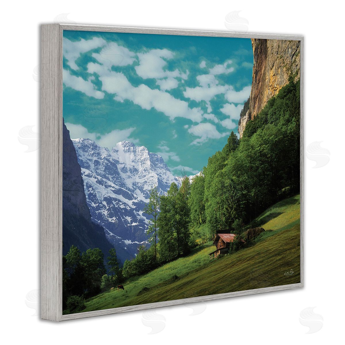 Martin Podt Mountain Valley Cottage Gray Framed Giclee Wall Art Print