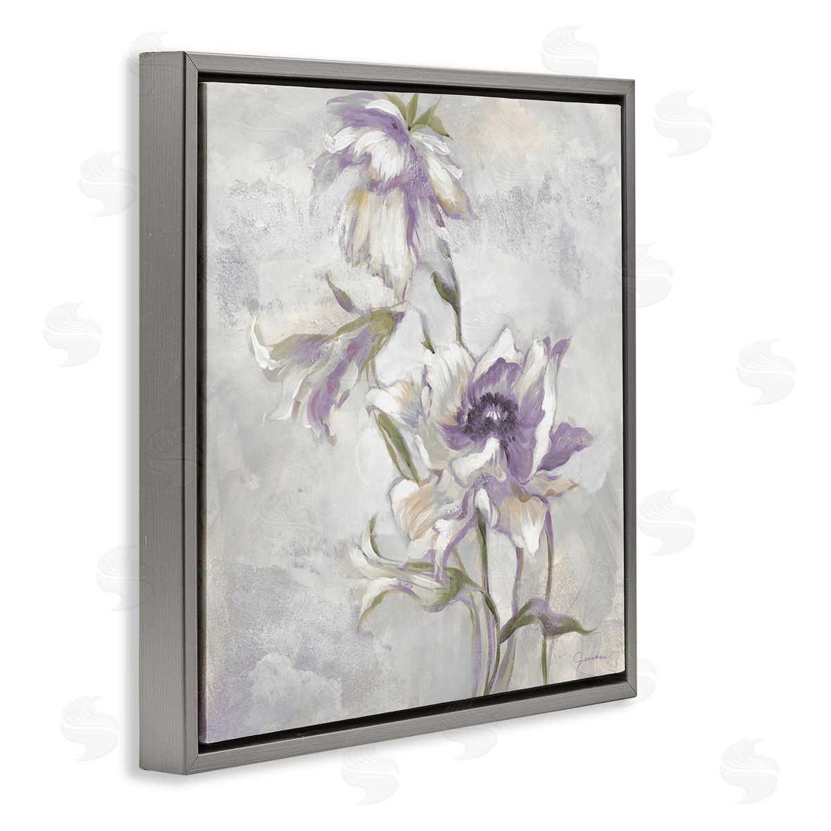 Liz Jardine Purple Curling Petals Gray Floating Frame Canvas Wall Art Print