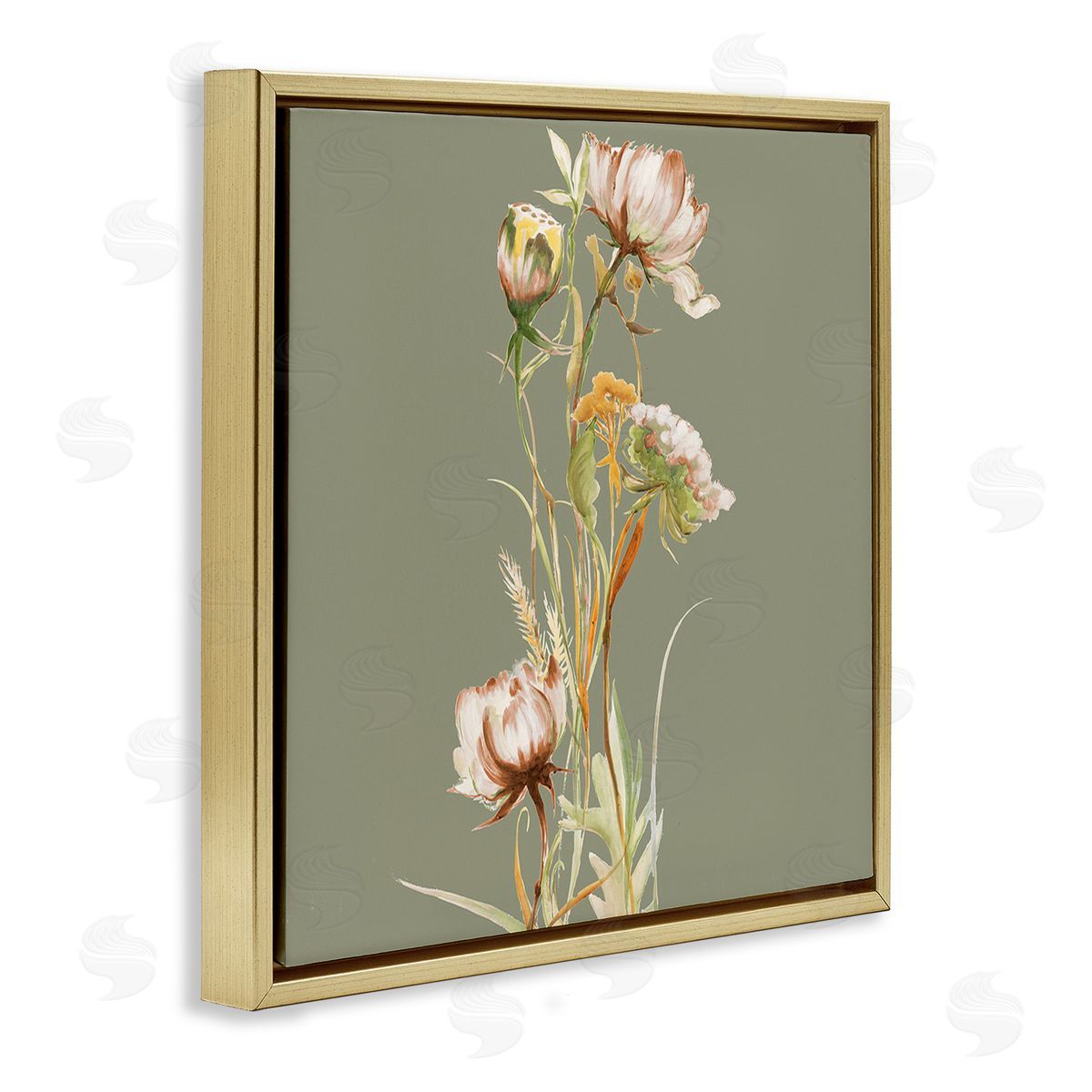 Liz Jardine Cottage Blooms on Green Gold Floating Frame Canvas Wall Art Print