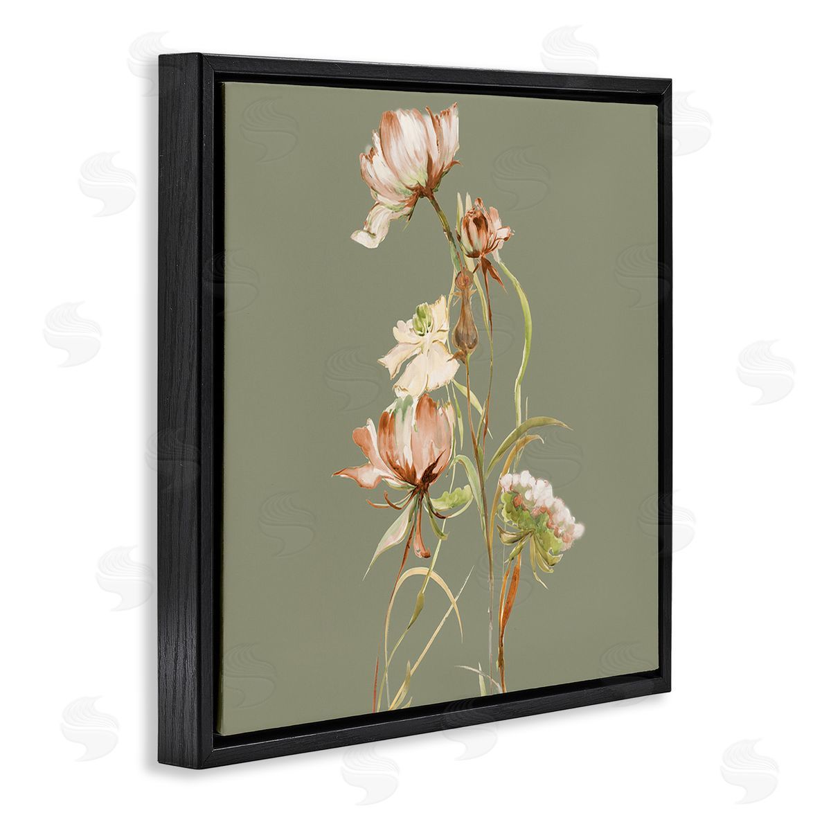 Liz Jardine Delicate Blooms on Green Black Floating Frame Canvas Wall Art Print