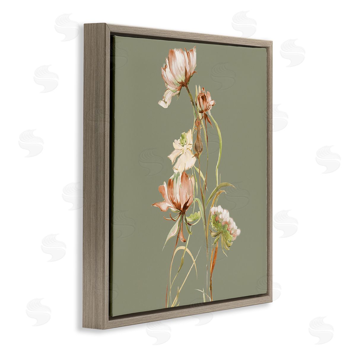 Liz Jardine Delicate Blooms on Green Brown Floating Frame Canvas Wall Art Print