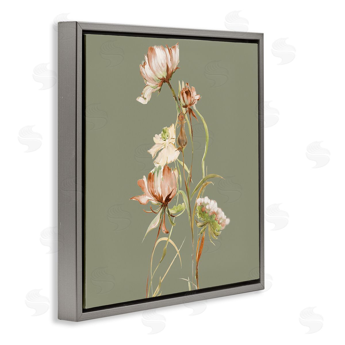 Liz Jardine Delicate Blooms on Green Gray Floating Frame Canvas Wall Art Print