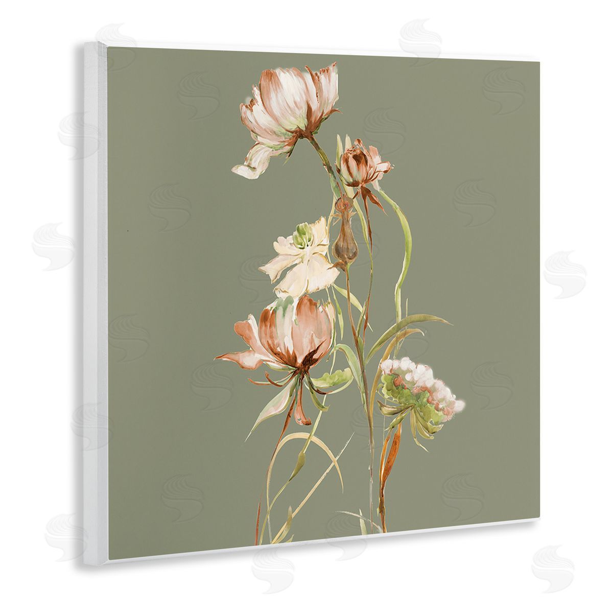 Liz Jardine Delicate Blooms on Green Wooden Wall Plaque Art Print